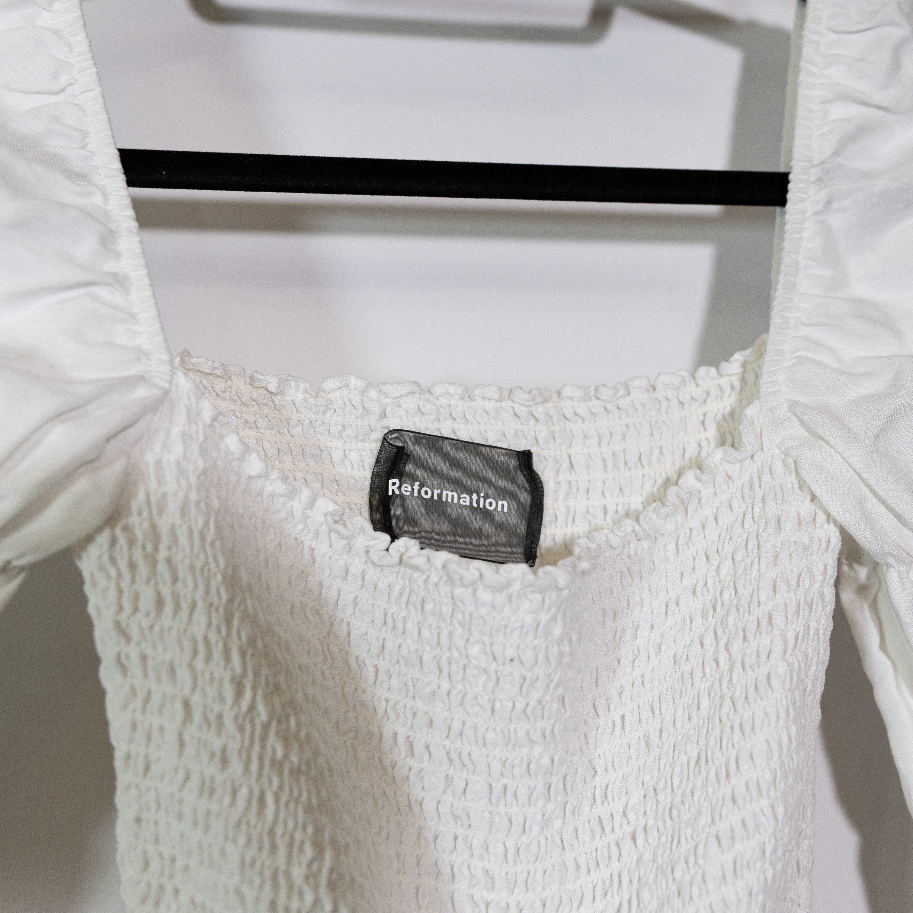 Reformation Gala Linen Blend Smocked Bodice Long Sleeve Square Neck Blouse Top