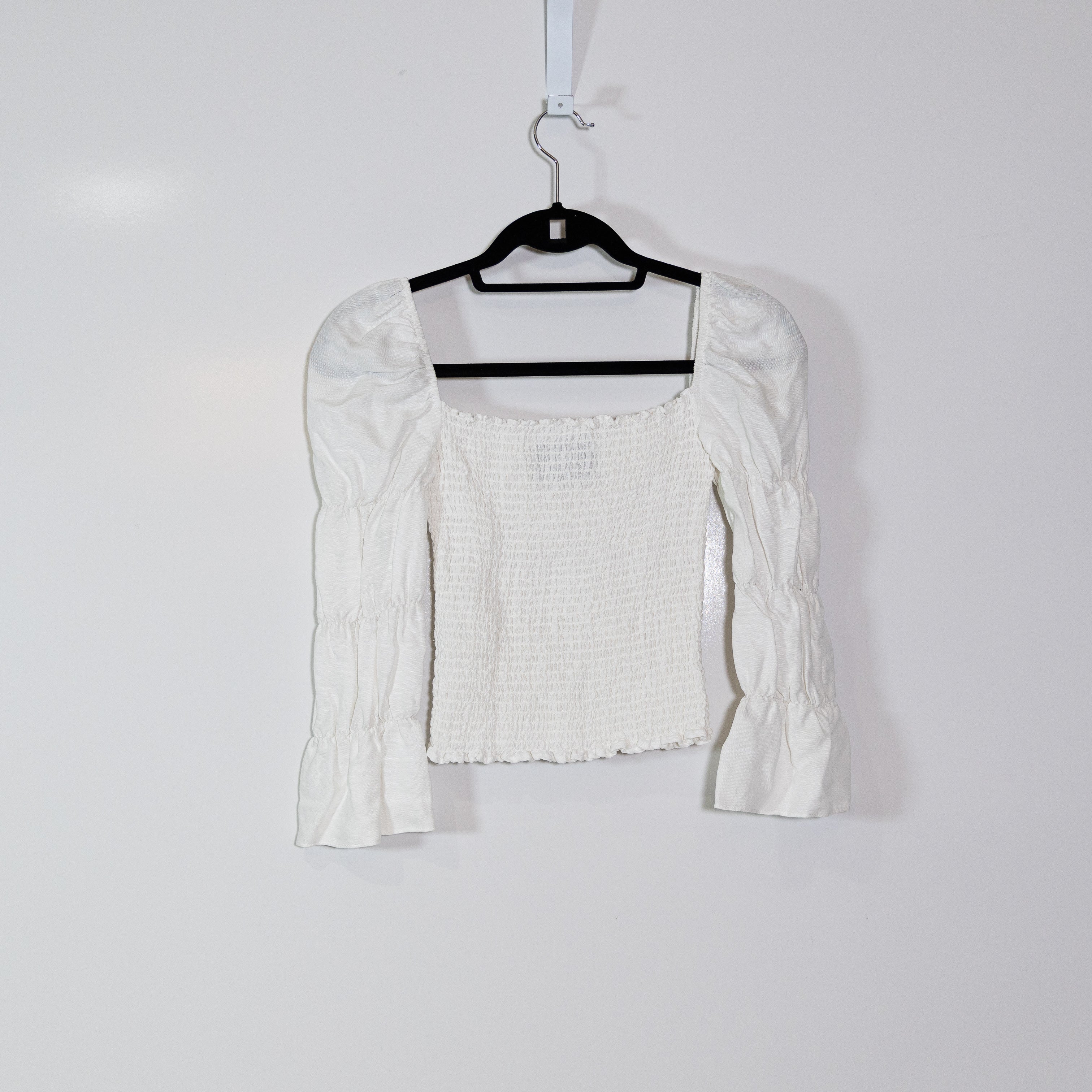 Reformation Gala Linen Blend Smocked Bodice Long Sleeve Square Neck Blouse Top