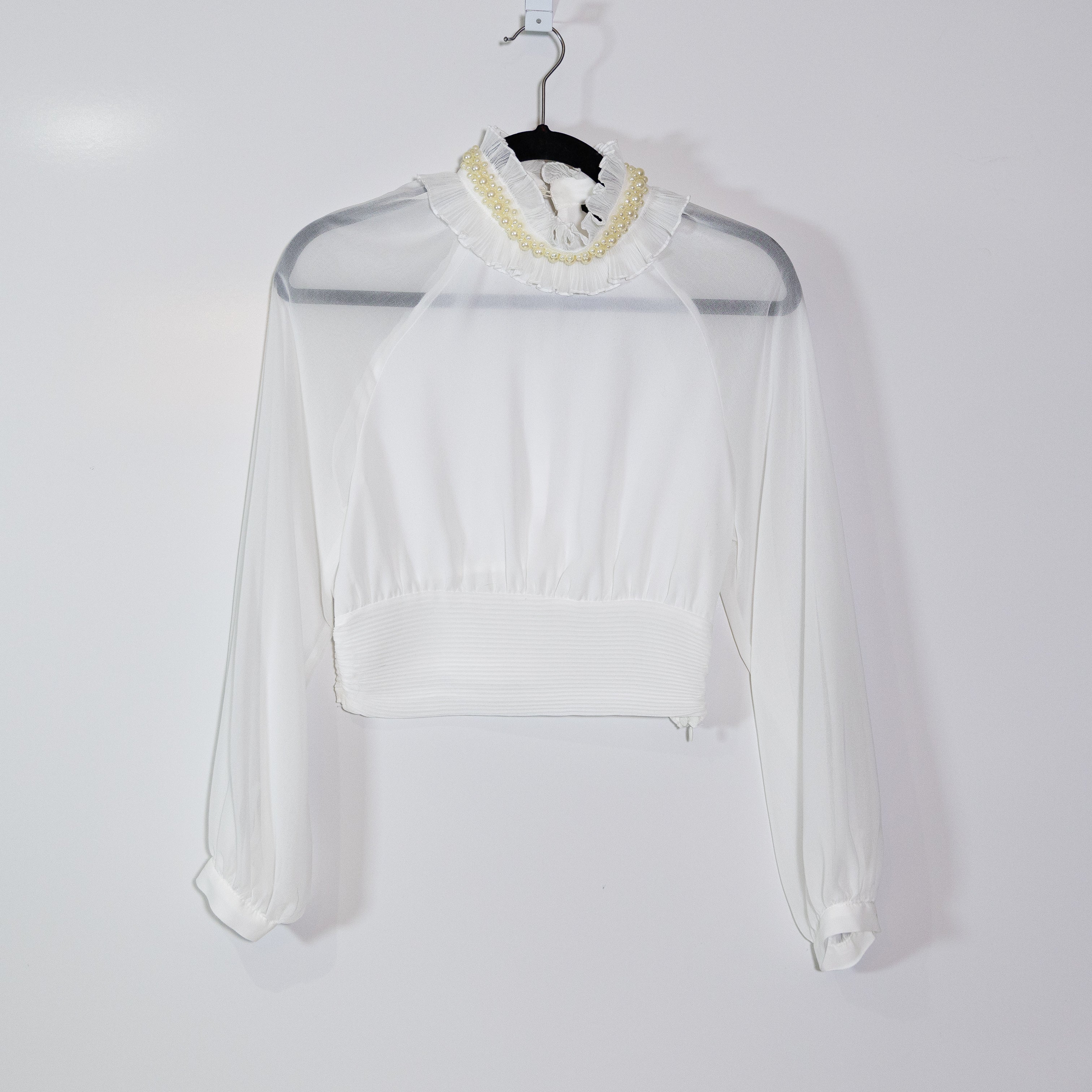 Zara Faux Pearl Beaded Embellished Ruffle Collar Long Sleeve Chiffon Blouse XS