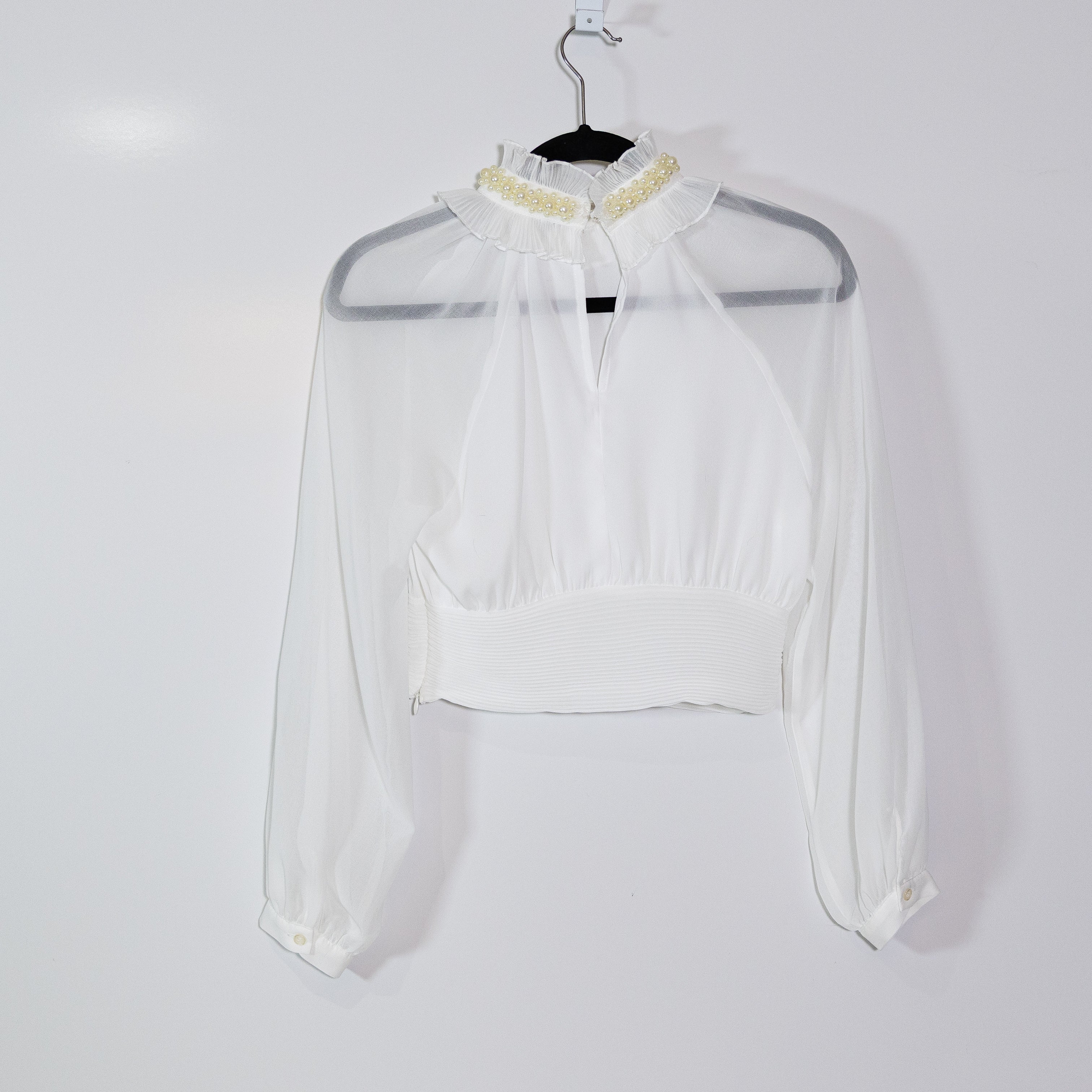 Zara Faux Pearl Beaded Embellished Ruffle Collar Long Sleeve Chiffon Blouse XS