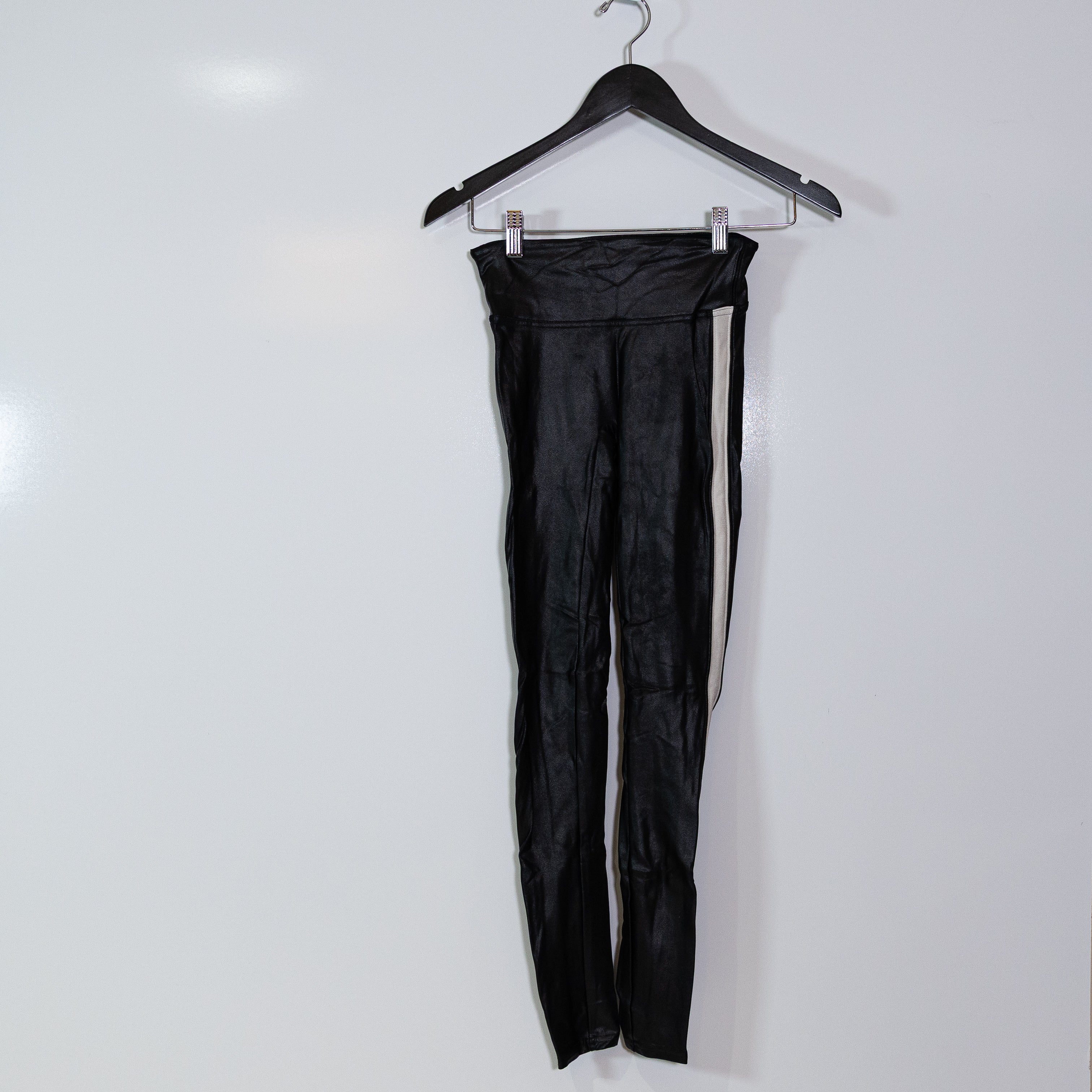 Spanx Faux Vegan Leather Shaping High Rise Black White Stripe Leggings XS