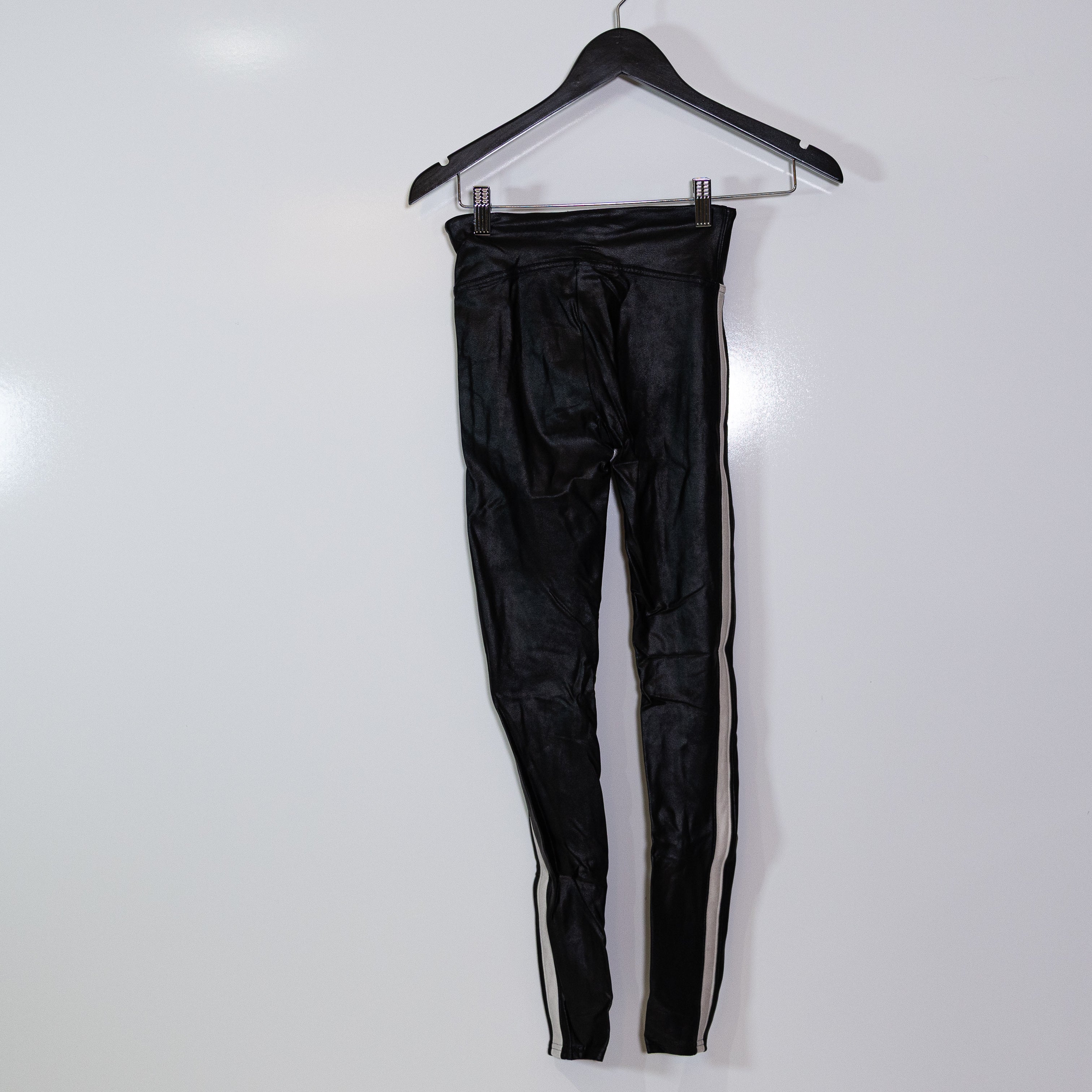 Spanx Faux Vegan Leather Shaping High Rise Black White Stripe Leggings XS