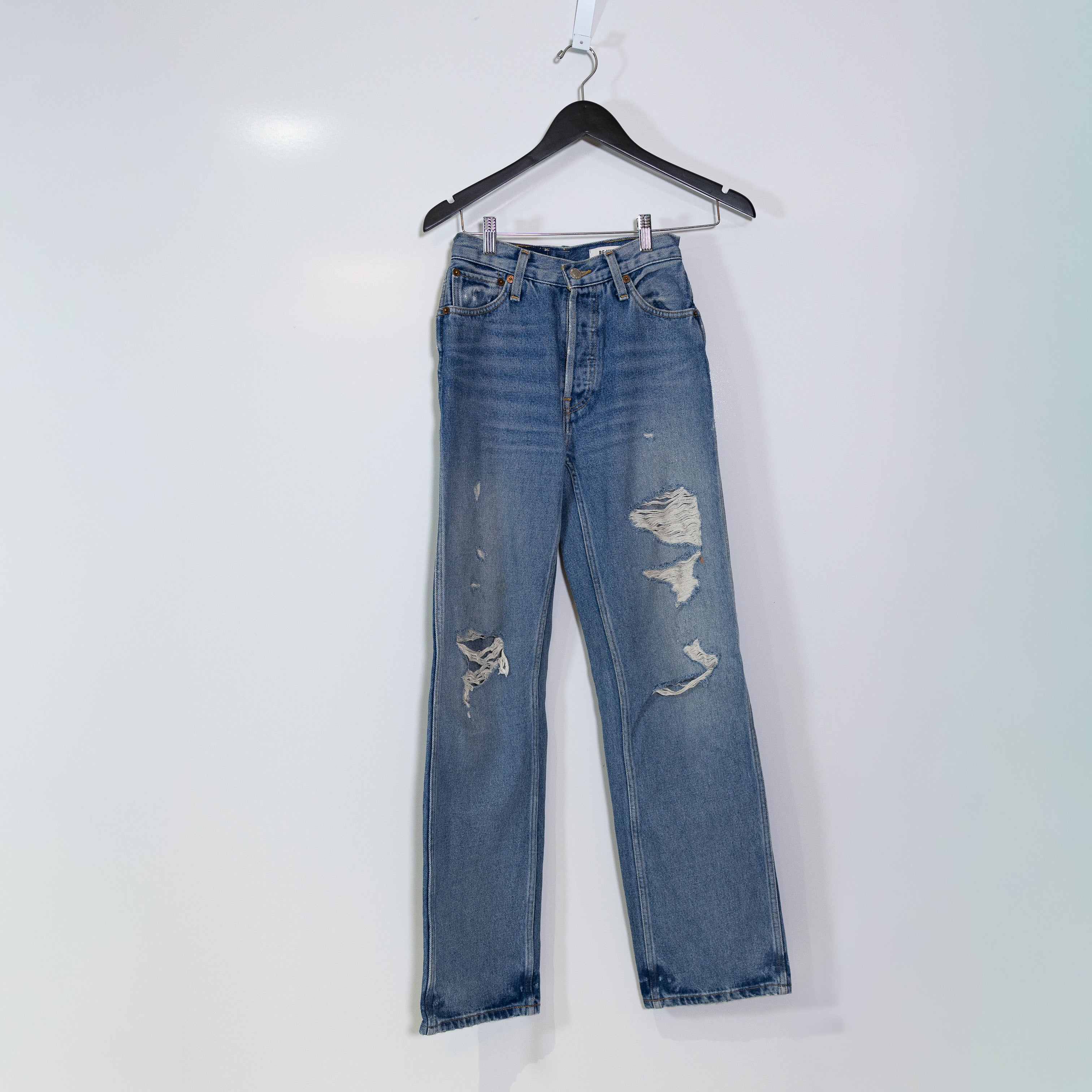 Re/Done 90S High Rise Loose Fit Straight Leg Distressed Cotton Denim Jean 25