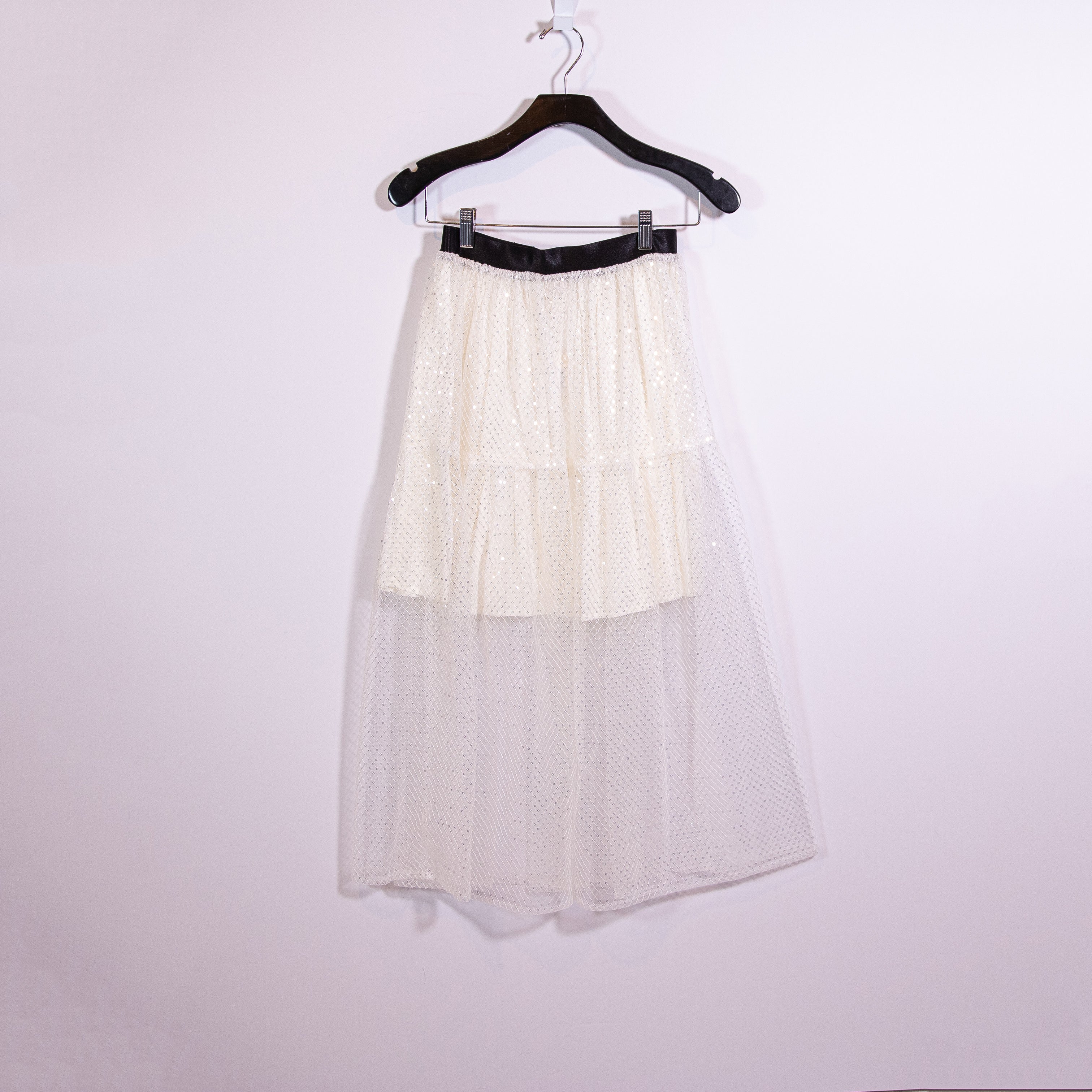 NEW Maje Jiris Sequin Embellished Tulle Mesh Pull On Midi Skirt In White Black