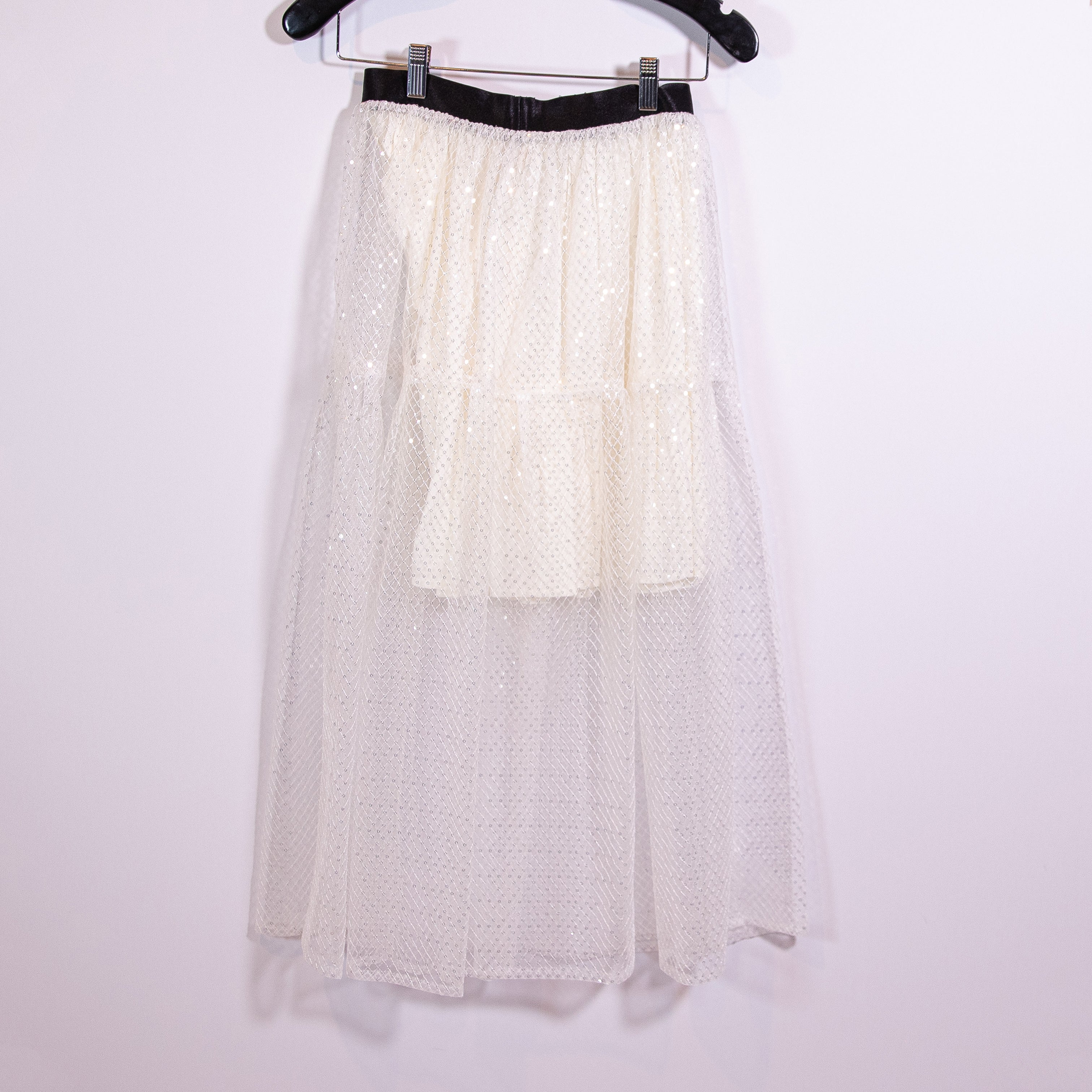 NEW Maje Jiris Sequin Embellished Tulle Mesh Pull On Midi Skirt In White Black