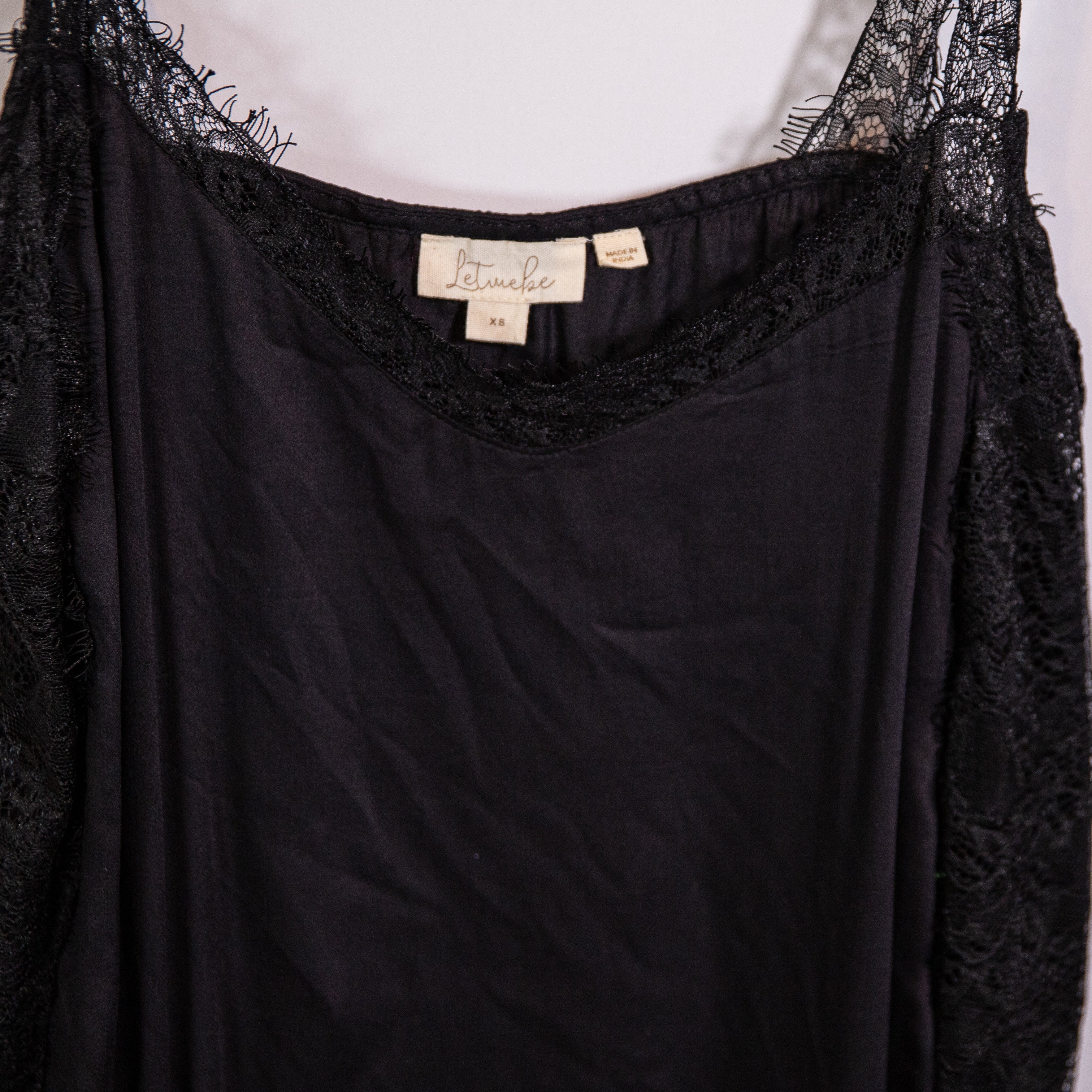 Let Me Be Anthropologie Eyelash Trim Lace Strap Satin Slip Midi Dress Black XS