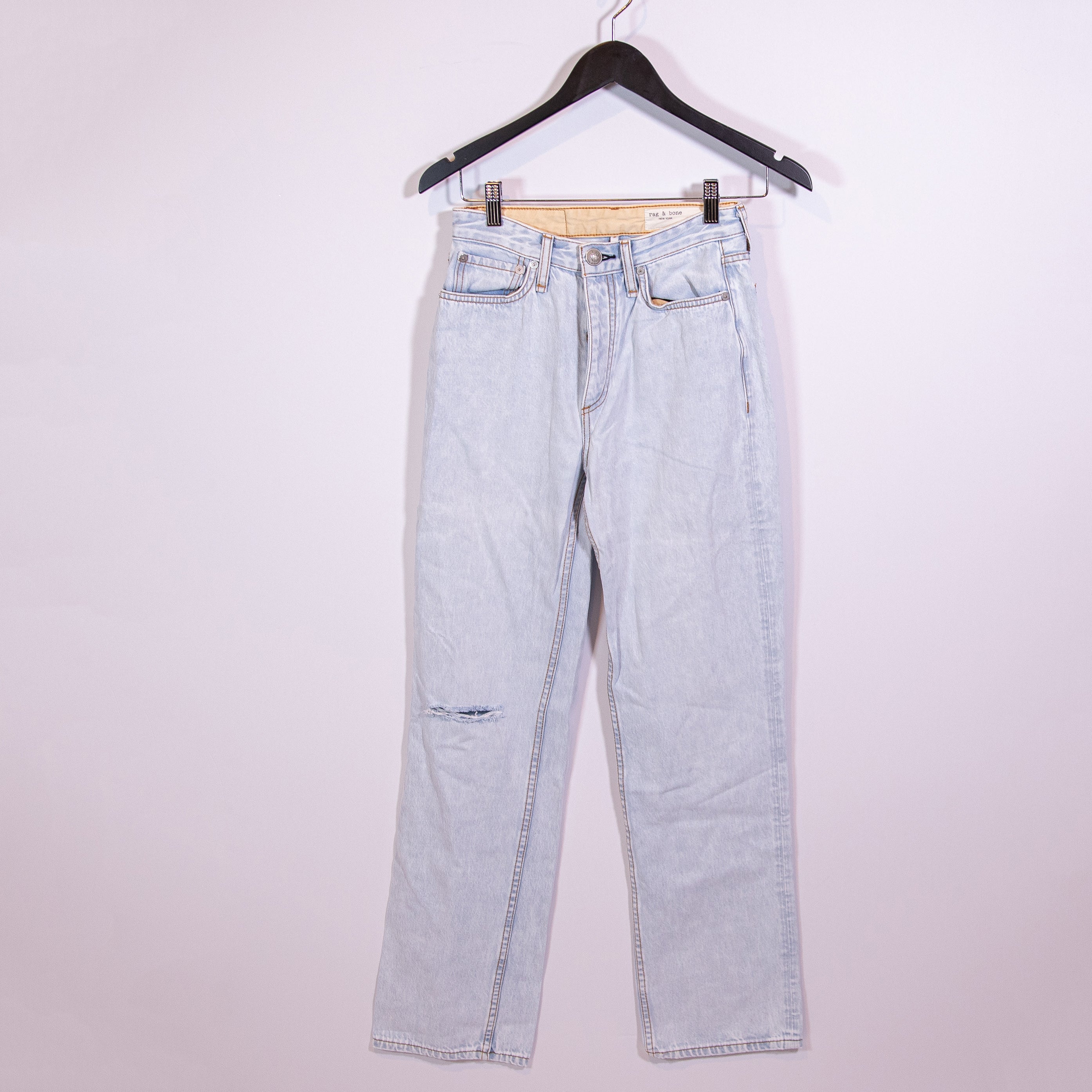 Rag & Bone Women's Alex High Rise Straight Leg Denim Jeans Primrose With Holes