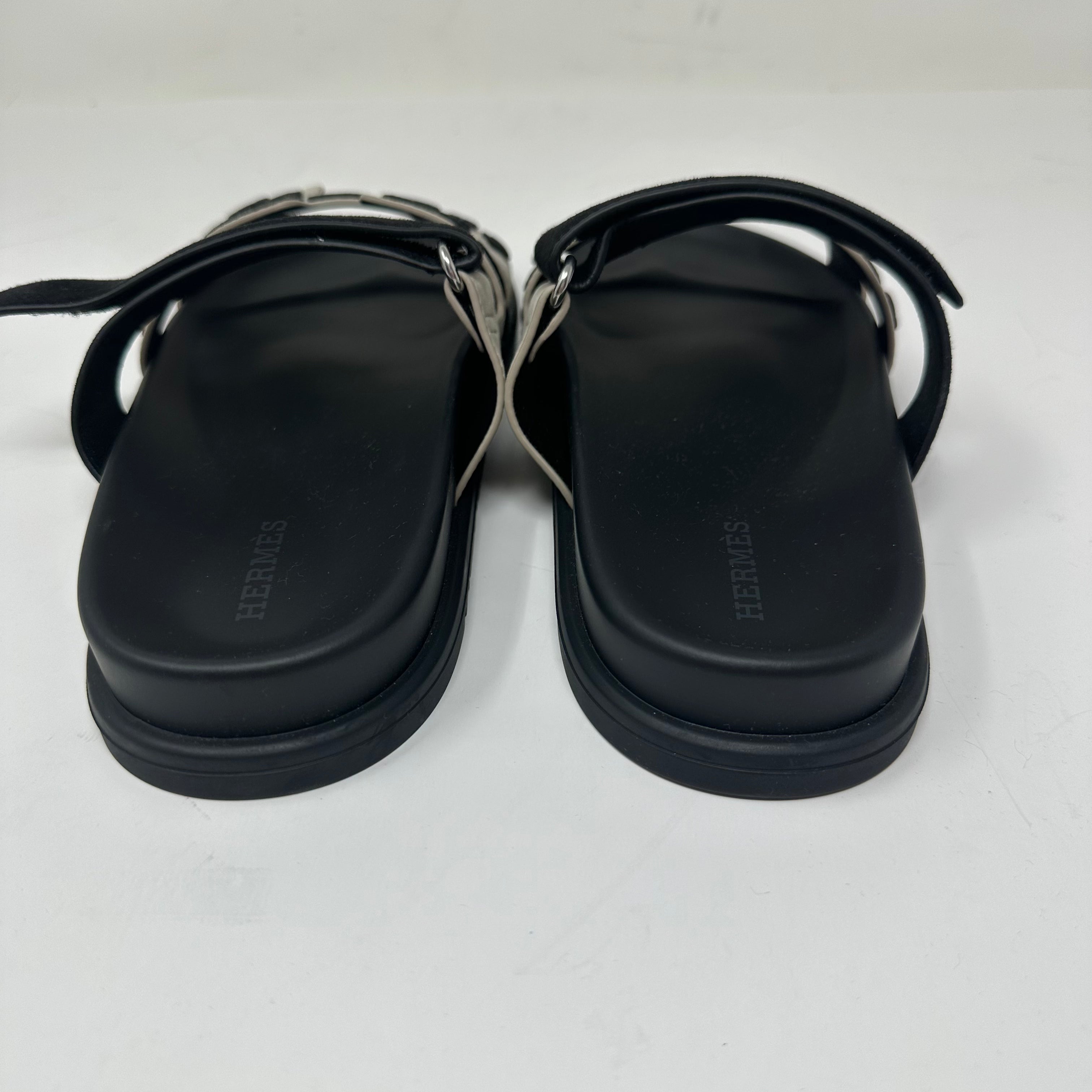 NEW Hermes Chypre Genuine Leather Suede Beige Esquisse Black Sandals Shoes 37