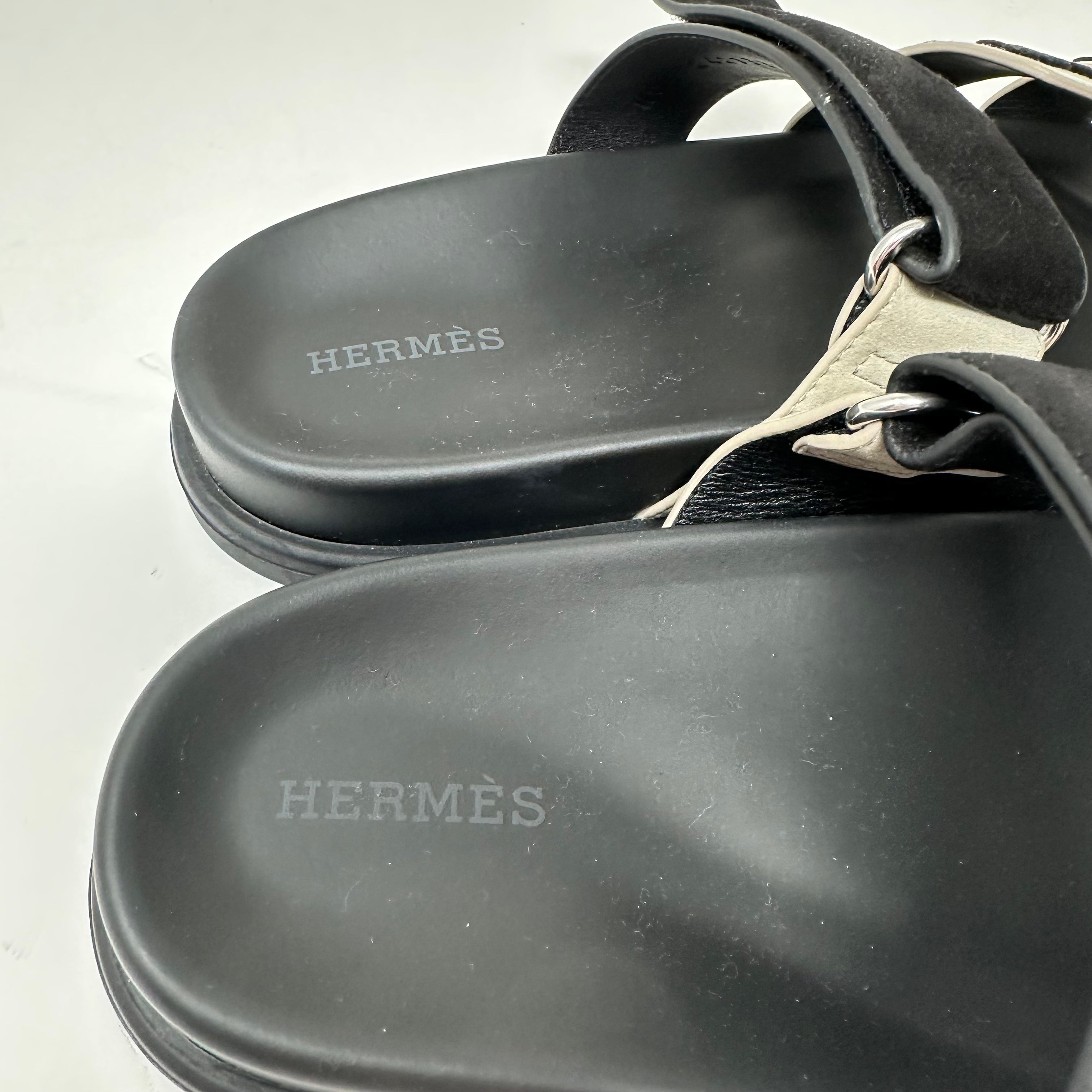 NEW Hermes Chypre Genuine Leather Suede Beige Esquisse Black Sandals Shoes 37
