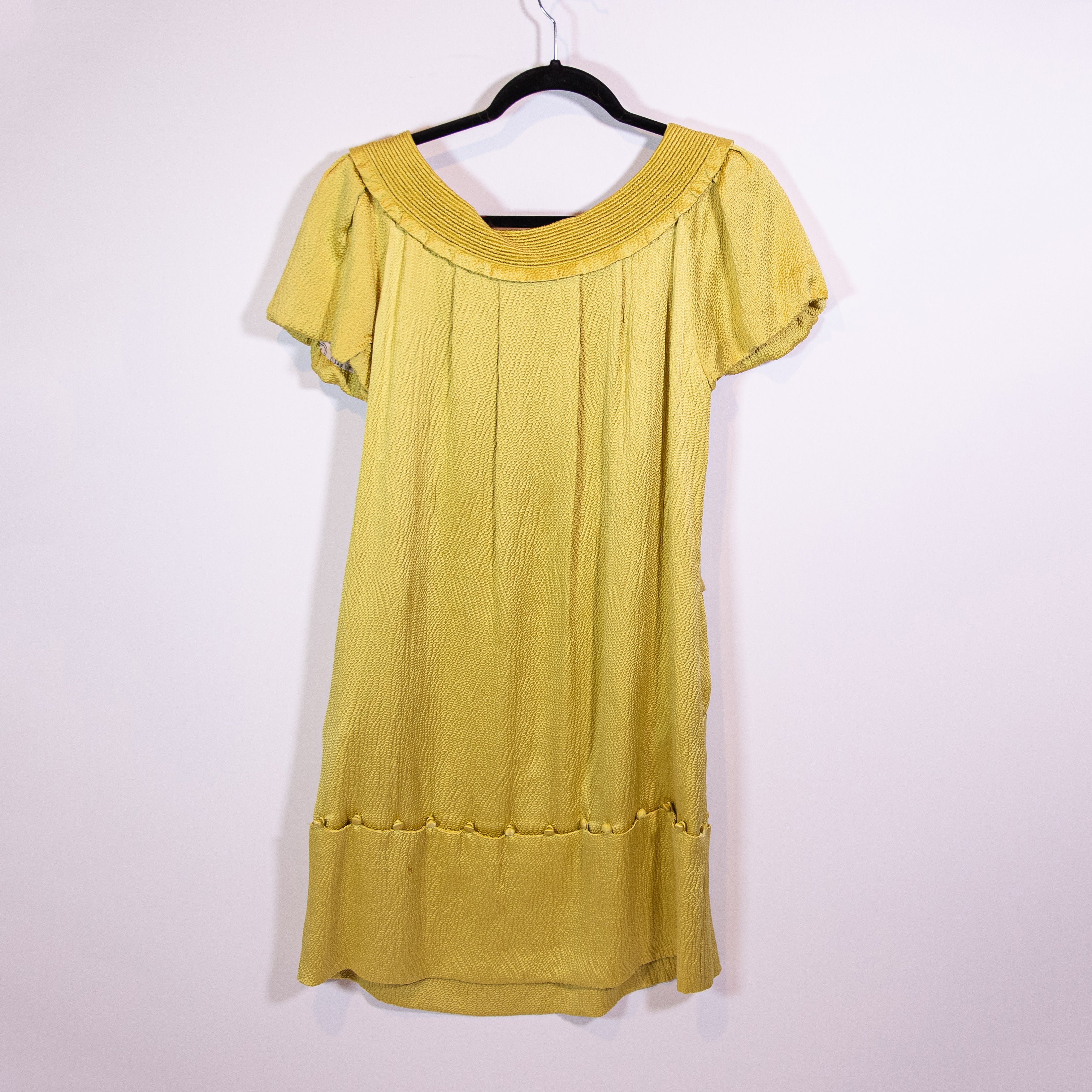 Lela Rose Silk Satin Textured Attached Button Hem Detail Short Sleeve Mini Dress