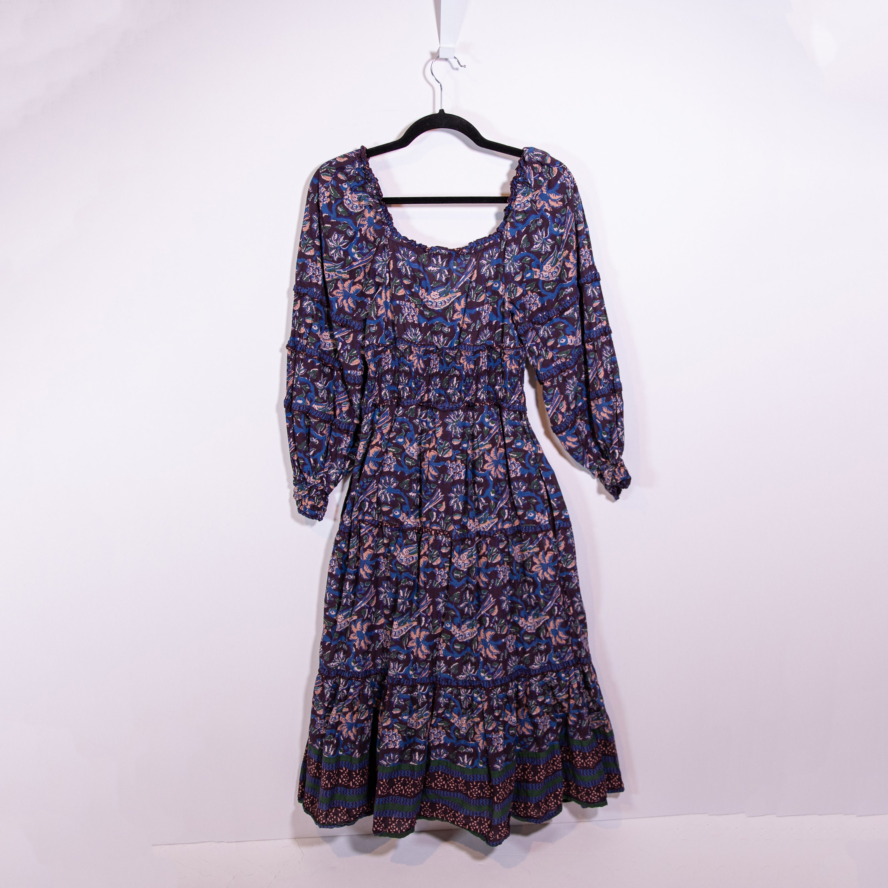 Sea New York Noah Smocked V Neck Tiered Pullover Midi Dress Blue Floral 2