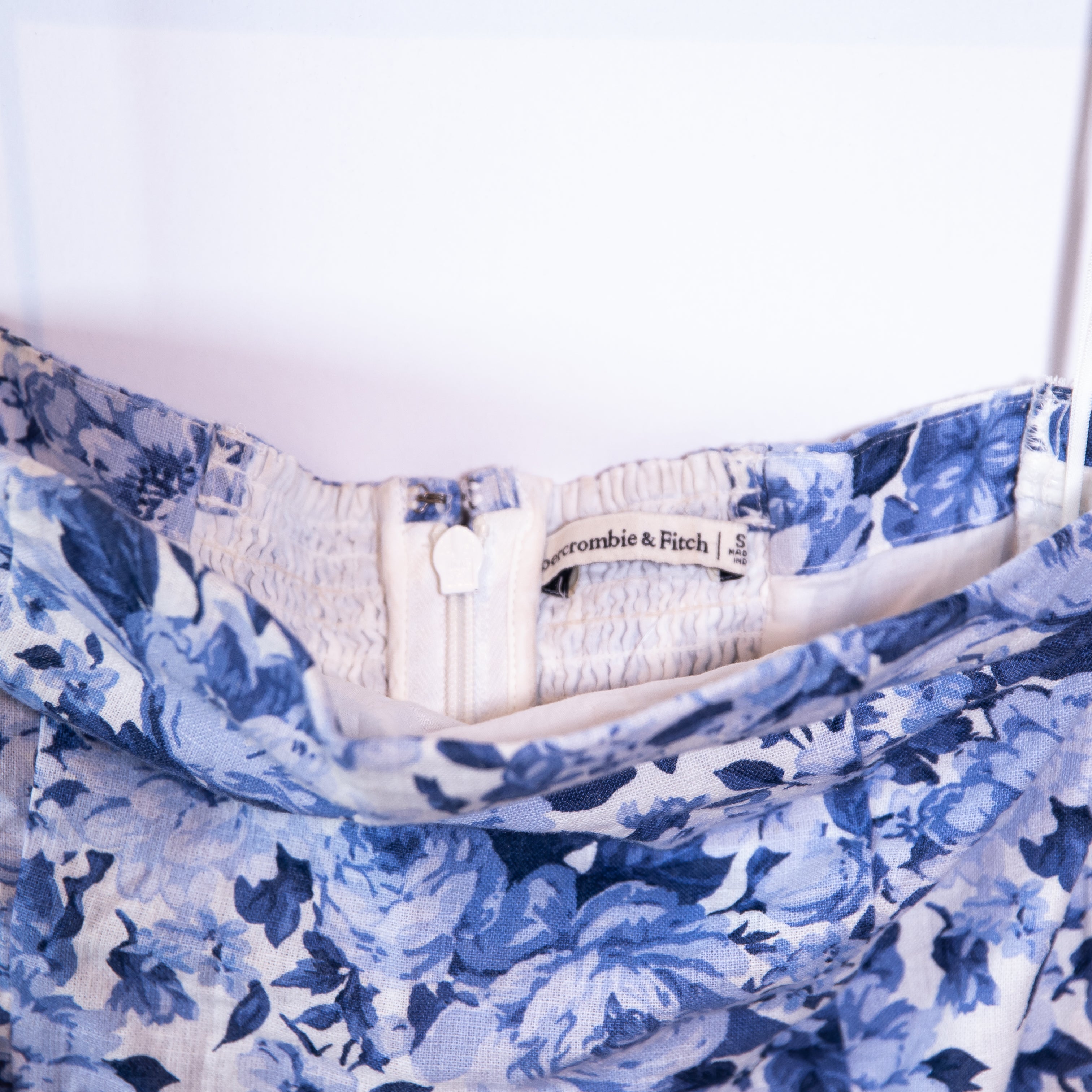 Abercrombie & Fitch Cotton Linen Blue White Floral Print Strapless Midi Dress ST