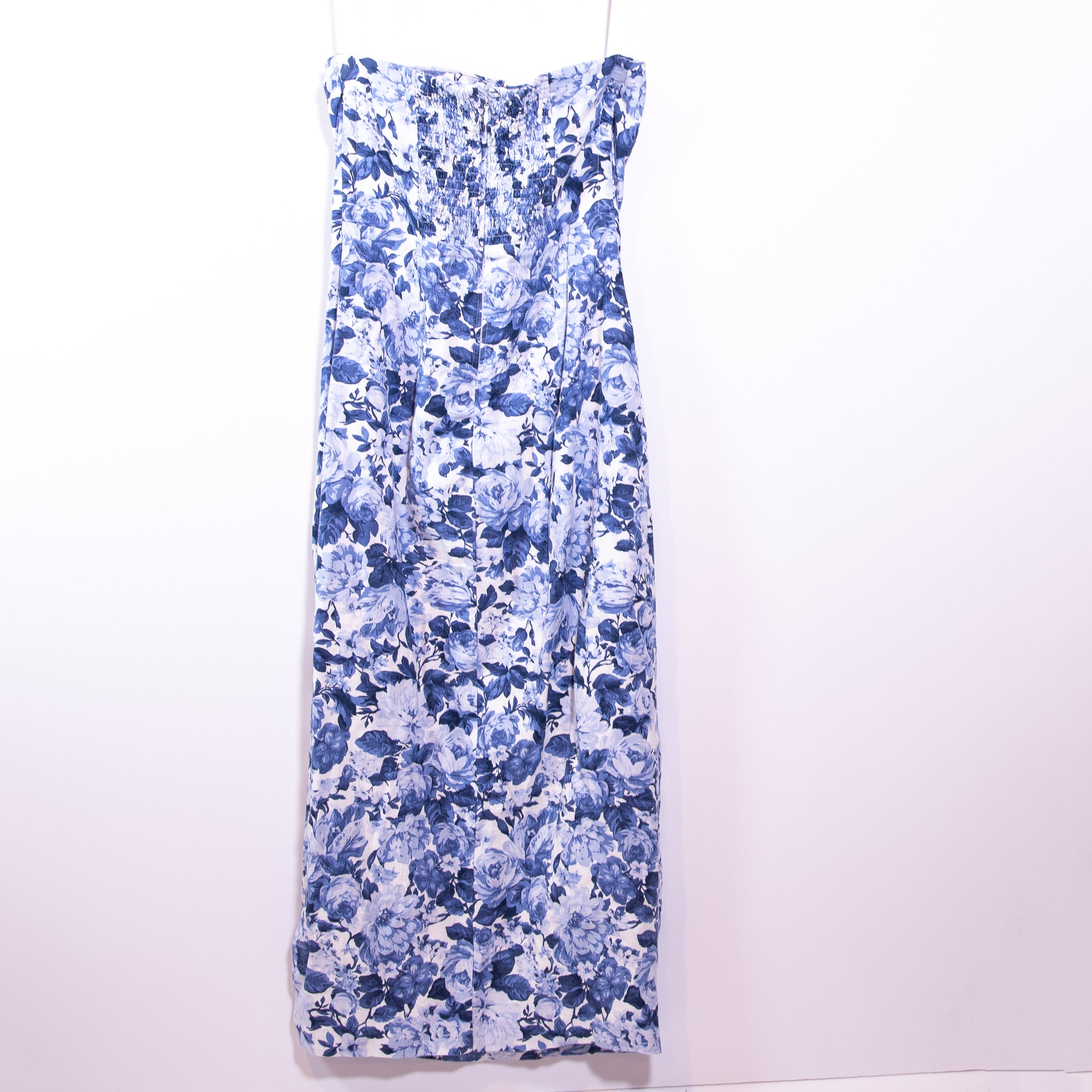 Abercrombie & Fitch Cotton Linen Blue White Floral Print Strapless Midi Dress ST