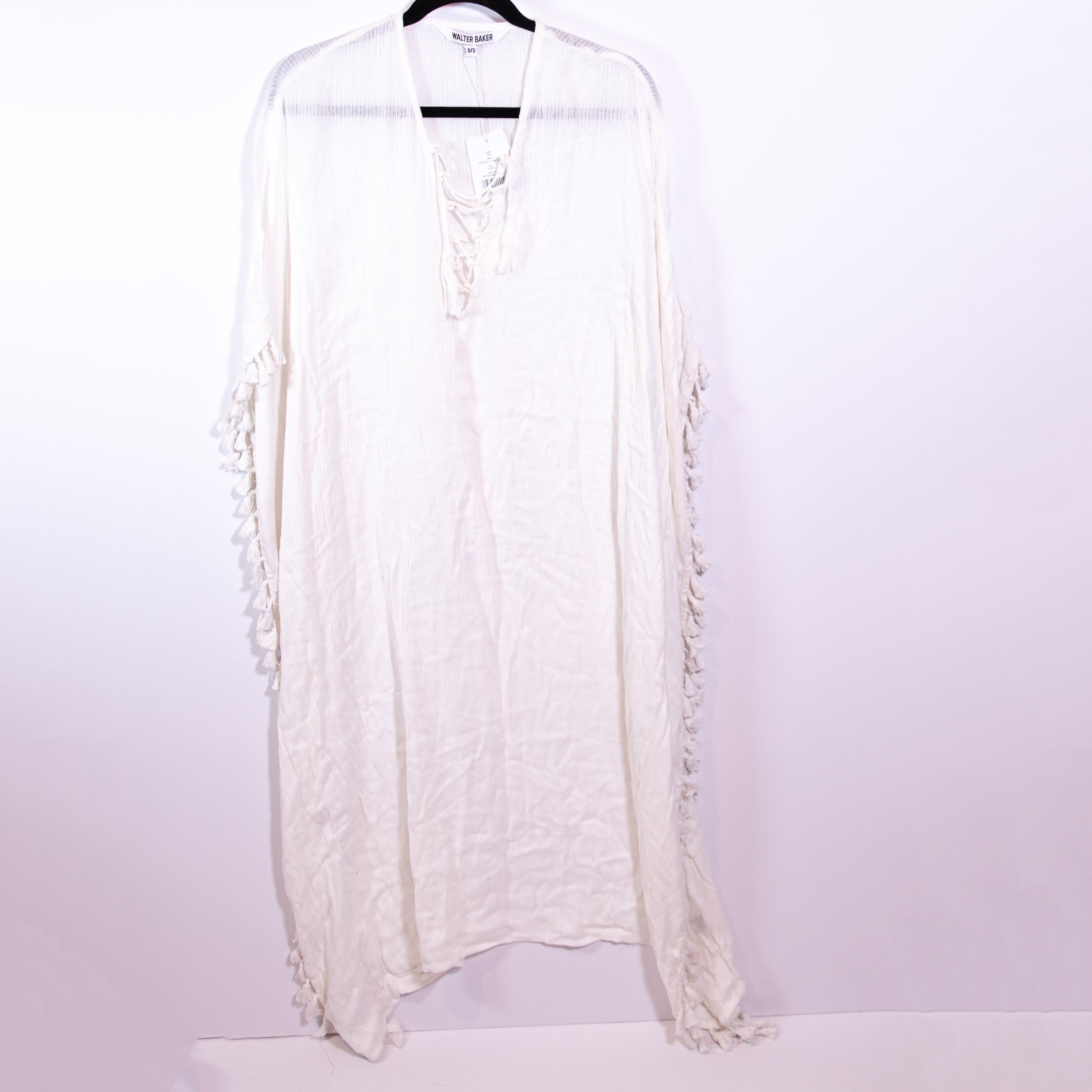 NEW Walter Baker Acapulco Cotton Gauze Lace Up Tassel Fringe Kaftan Dress White