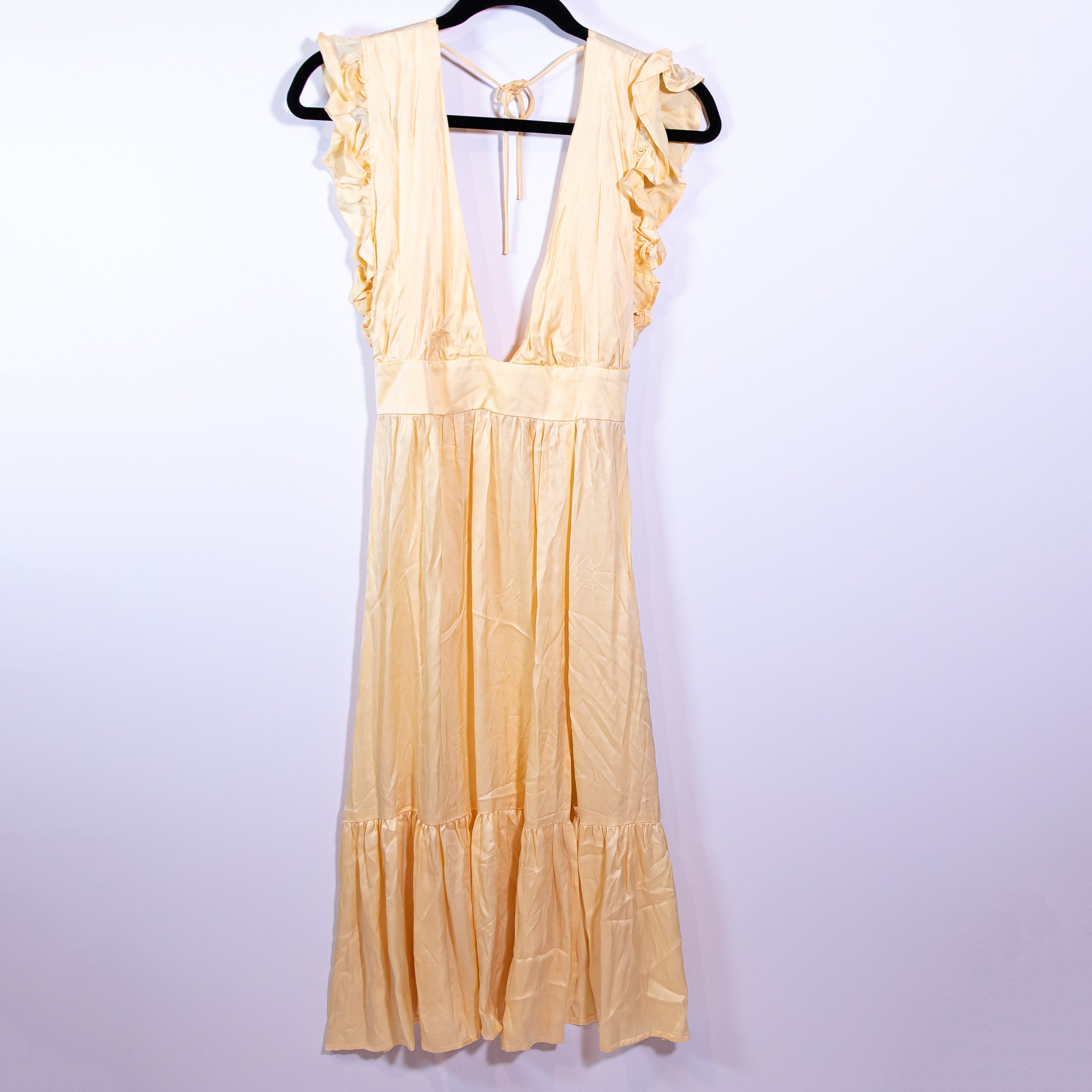Stillwater The Jessie Midi Yellow Satin Ruffle Sleeve Deep VNeck High Slit Dress