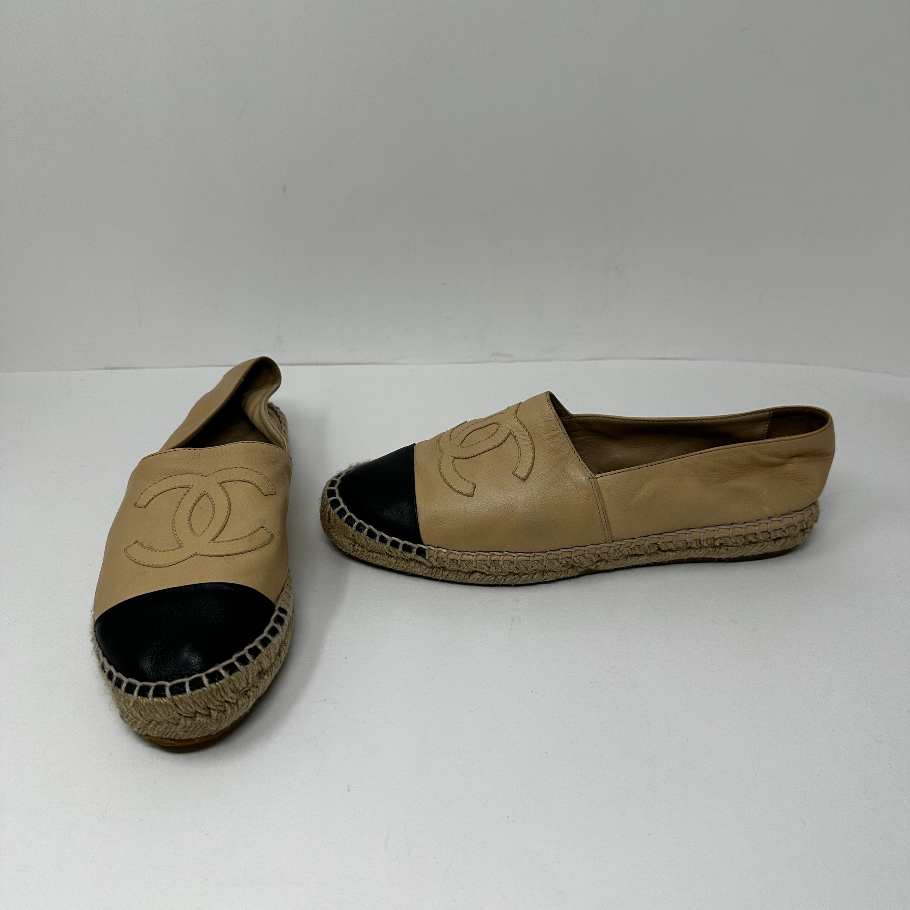 Chanel Genuine Lambskin Leather Logo Embroidered Slip On Espadrilles Shoes Beige
