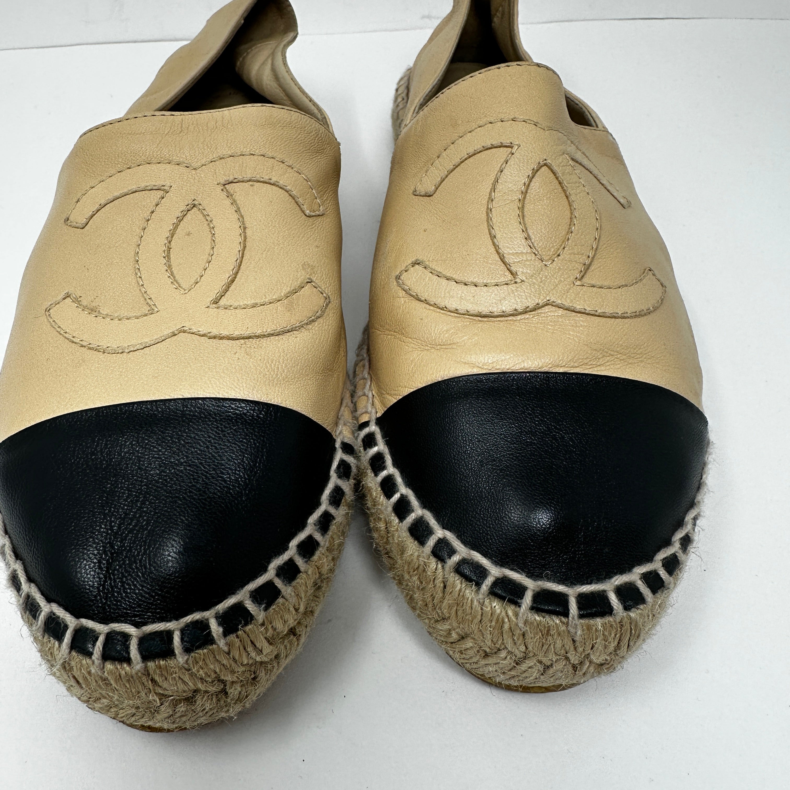 Chanel Genuine Lambskin Leather Logo Embroidered Slip On Espadrilles Shoes Beige