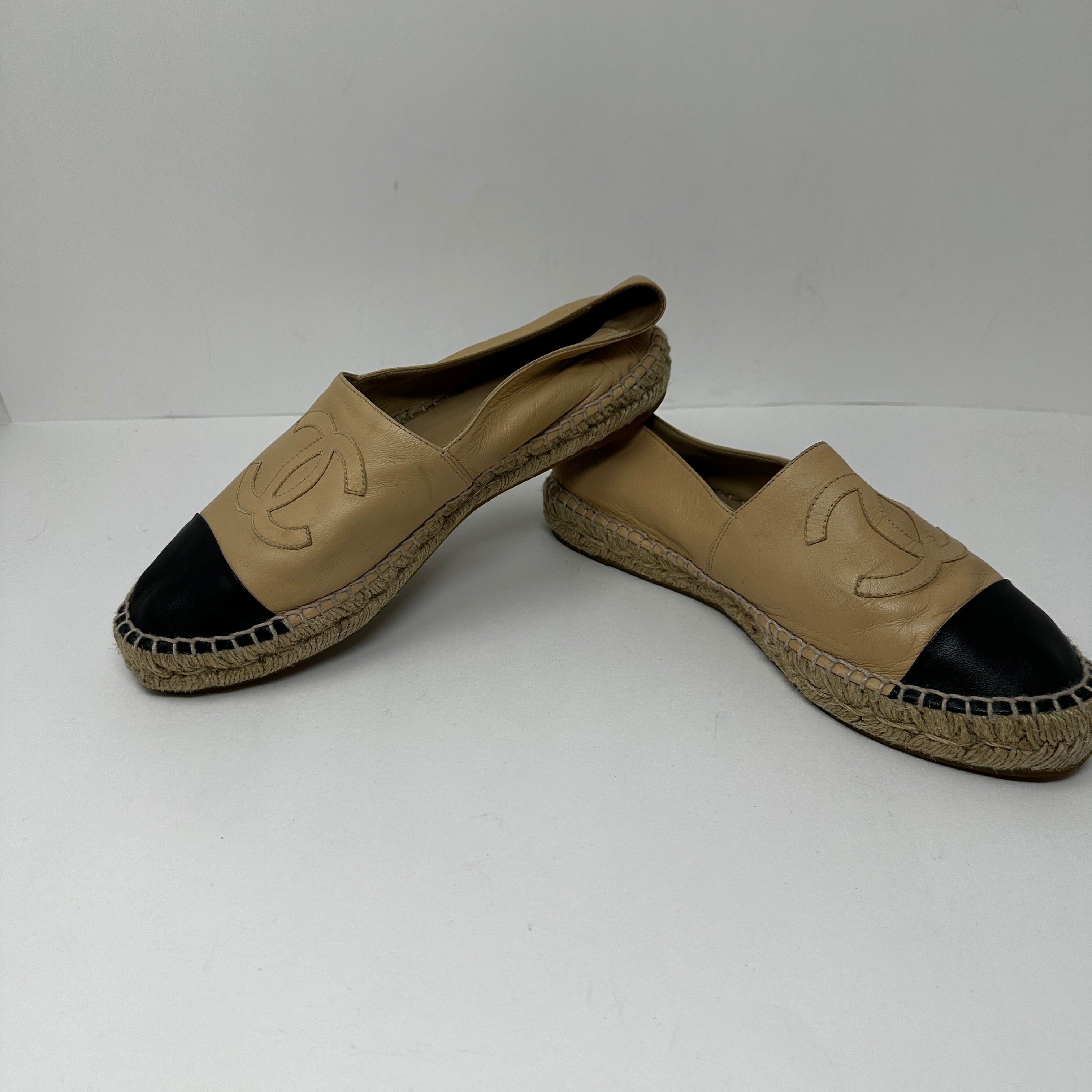 Chanel Genuine Lambskin Leather Logo Embroidered Slip On Espadrilles Shoes Beige