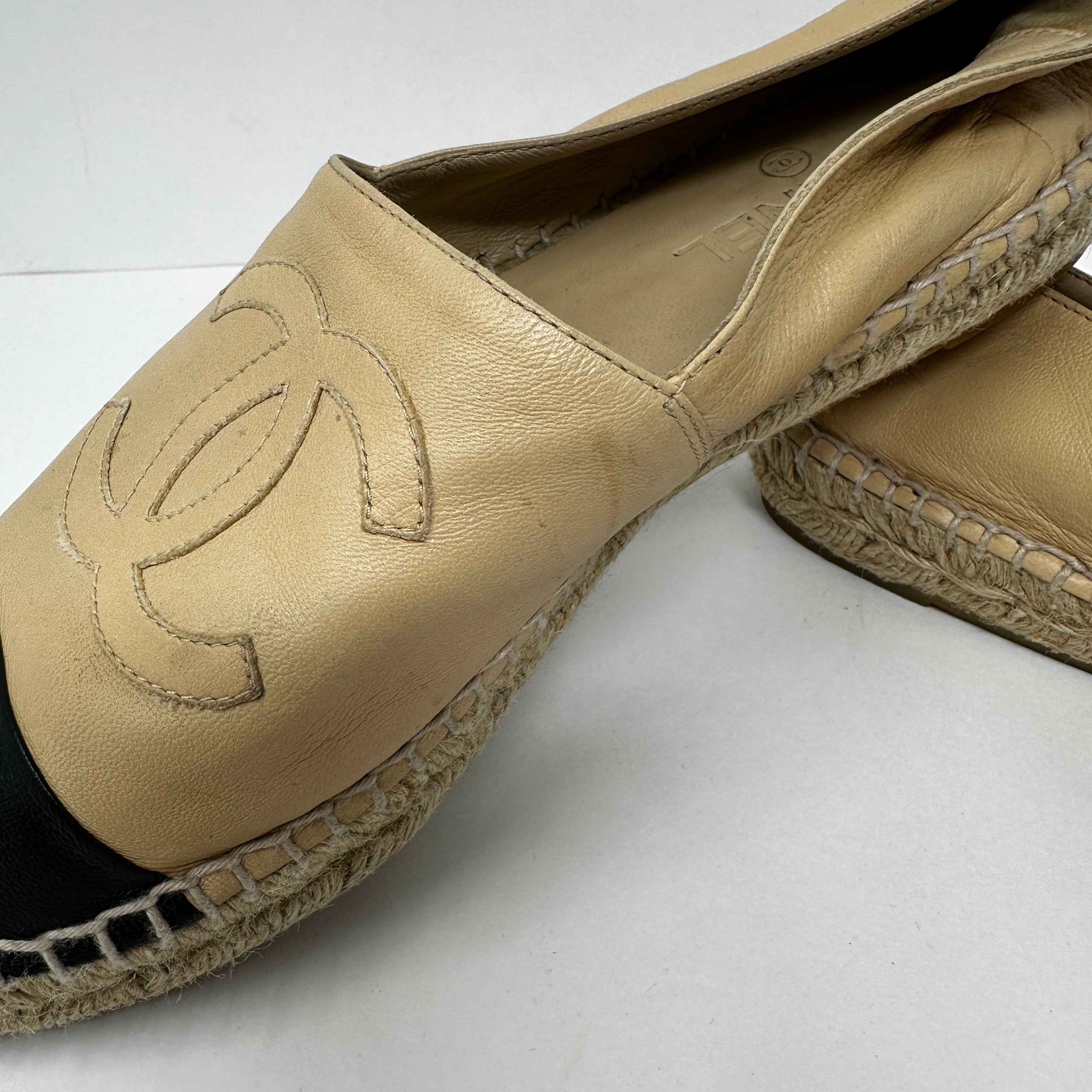Chanel Genuine Lambskin Leather Logo Embroidered Slip On Espadrilles Shoes Beige