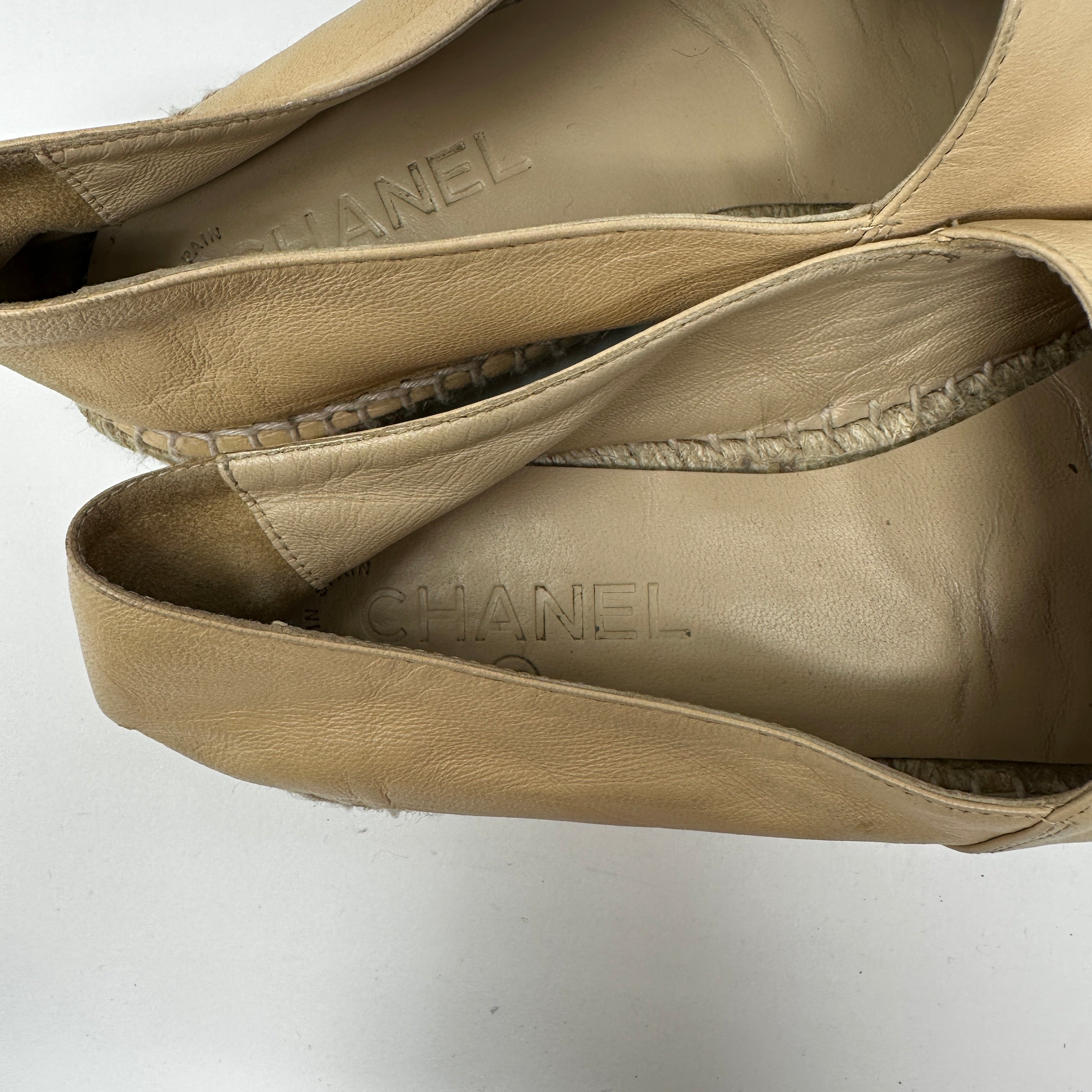 Chanel Genuine Lambskin Leather Logo Embroidered Slip On Espadrilles Shoes Beige