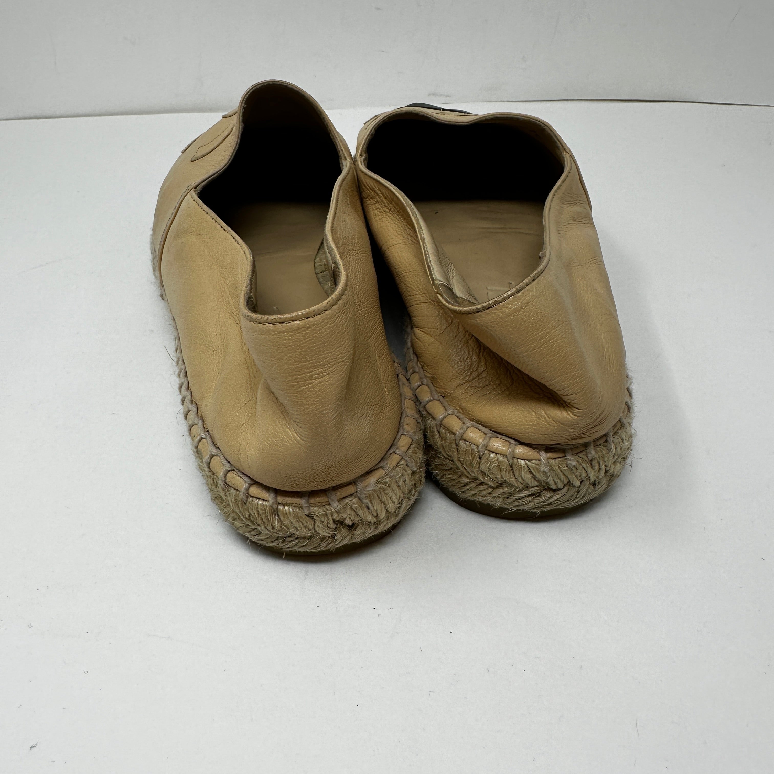 Chanel Genuine Lambskin Leather Logo Embroidered Slip On Espadrilles Shoes Beige