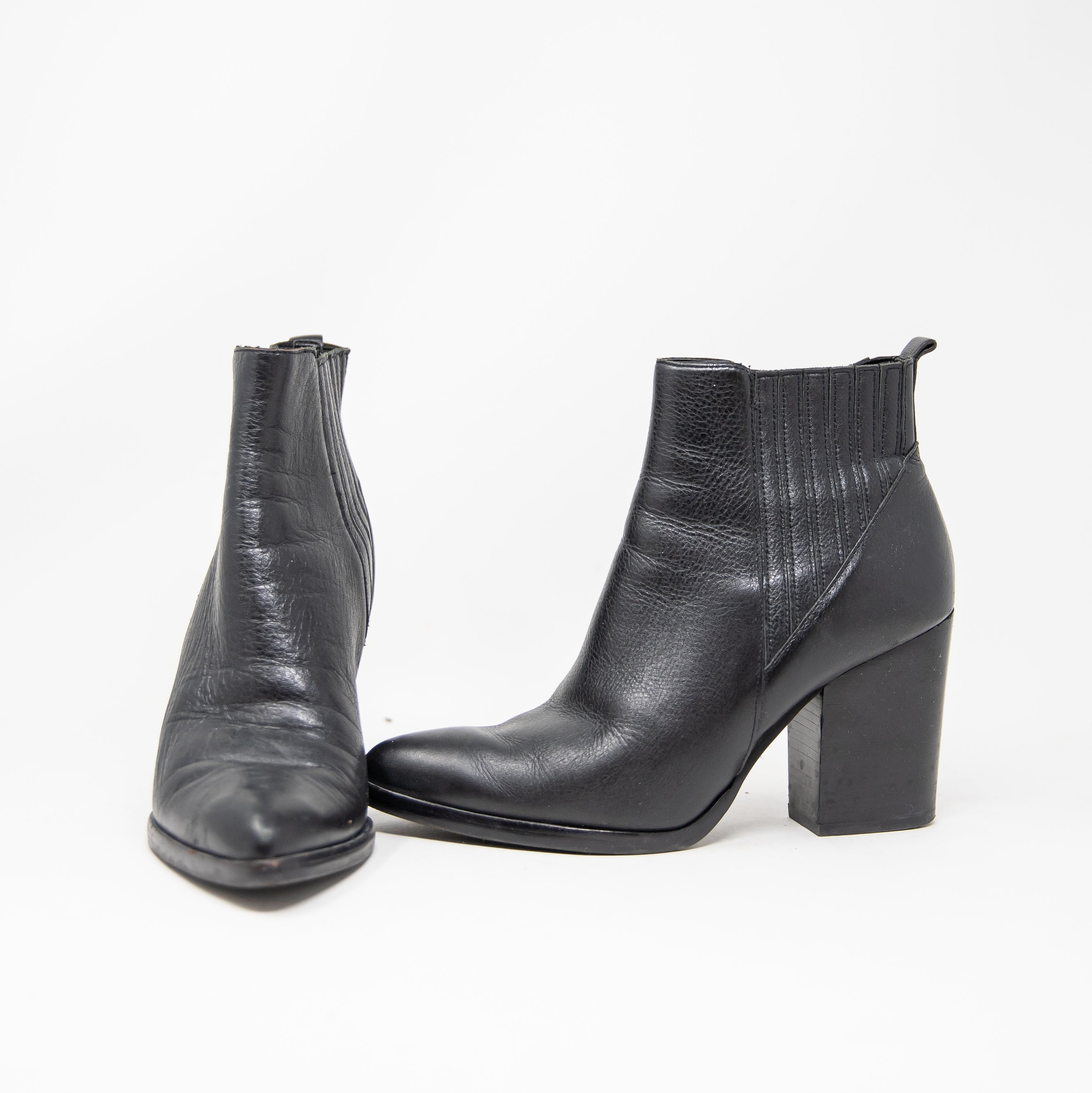 Marc Fisher LTD Alva Stacked Wood High Heel Pointy Toe Ankle Booties Shoes Black