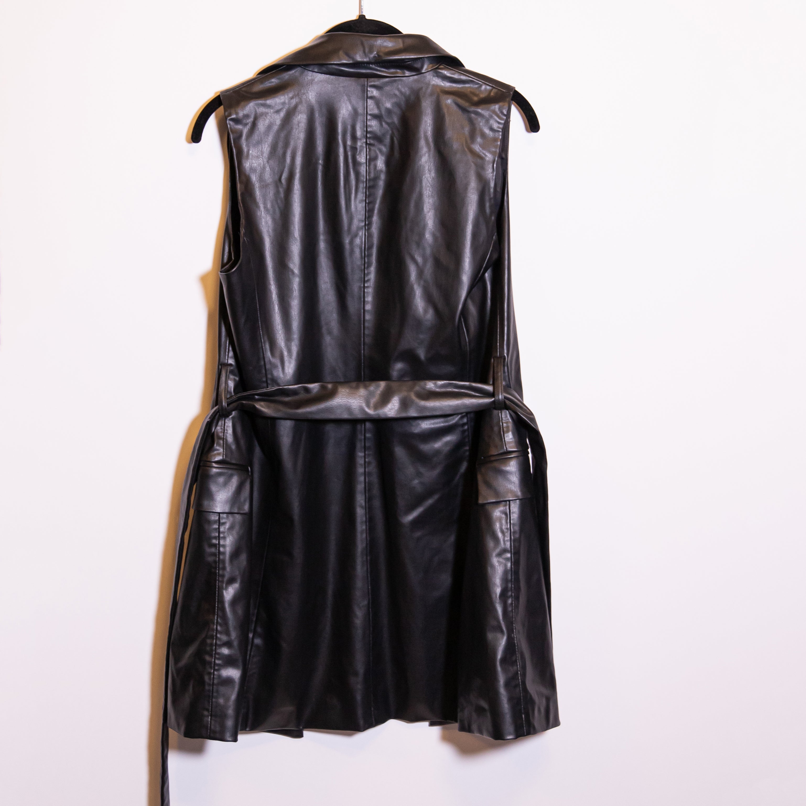 NEW Zara Faux Vegan Leather Double Breasted Sleeveless Belted Collared Jacket S