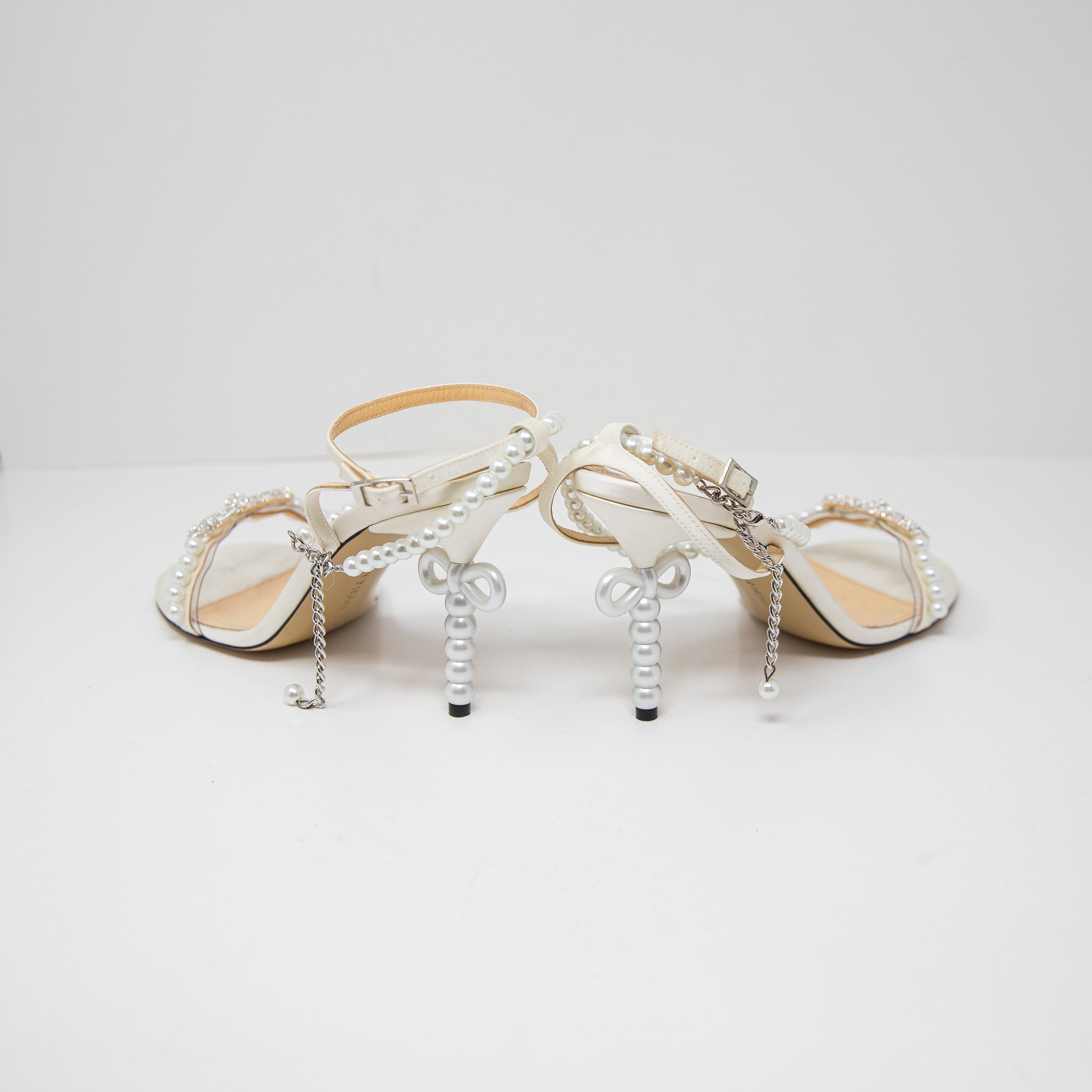 NEW Mach & Mach Pearl Beaded Bow Silk Satin Open Toe High Heels Sandals Shoes 10