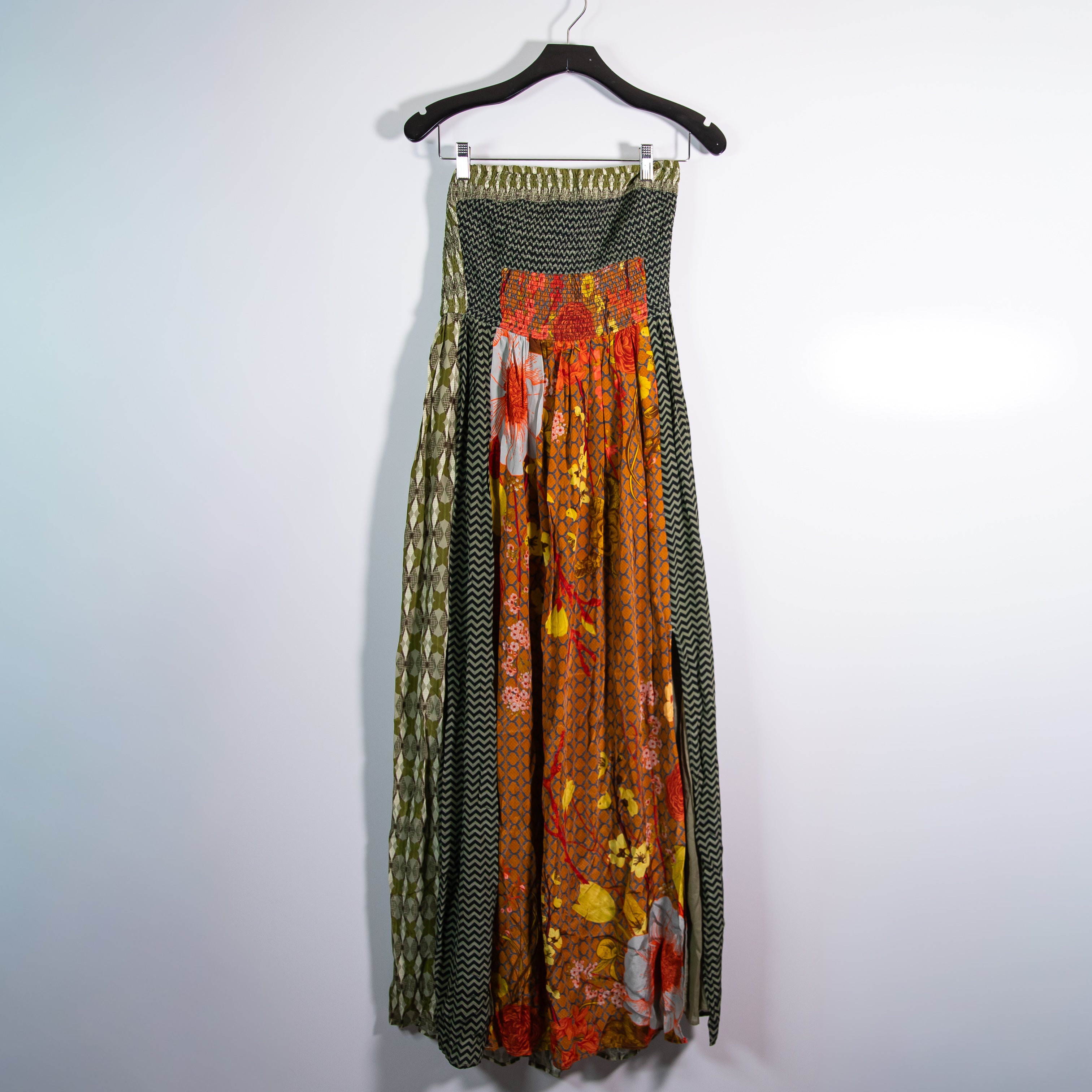 Siddhartha Bansal Sylvan Print Smocked Strapless Crepe Dress Front Slits Medium