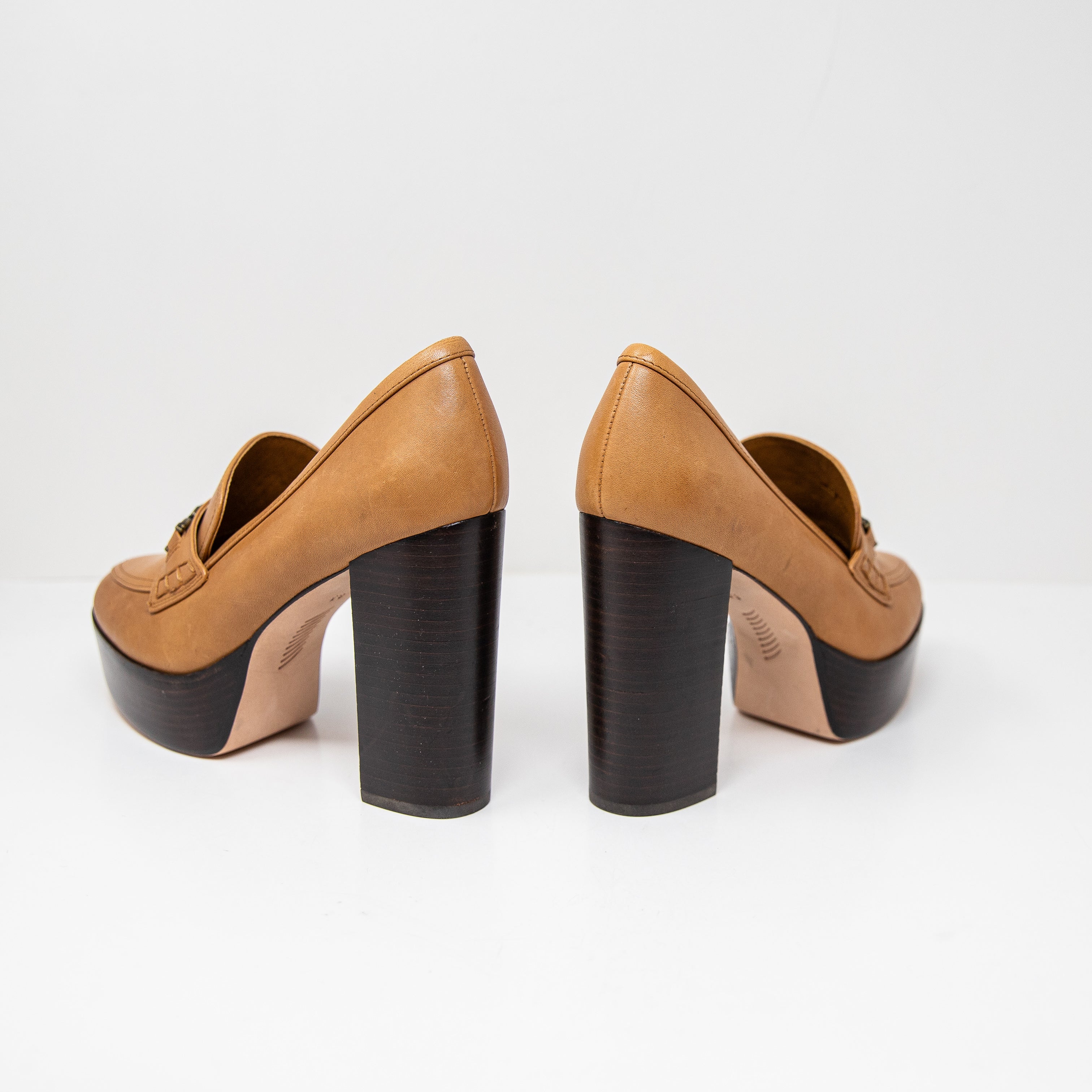 Paige Masha Genuine Leather Bit Loafer Platform Pumps Heels Shoes Brown Tan 8.5