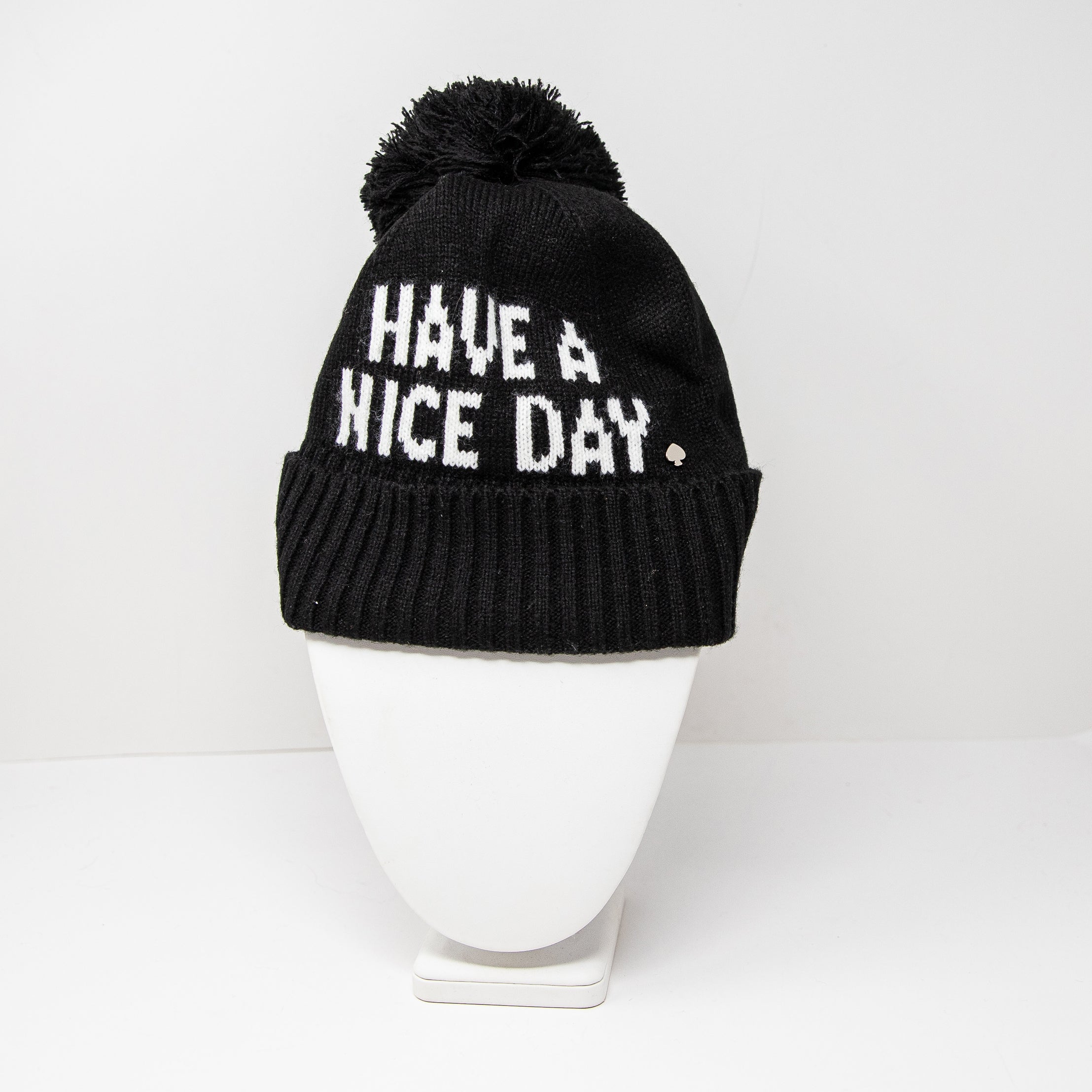 NEW Kate Spade Have A Nice Day Graphic Print Beanie Pom Pom Hat Black White