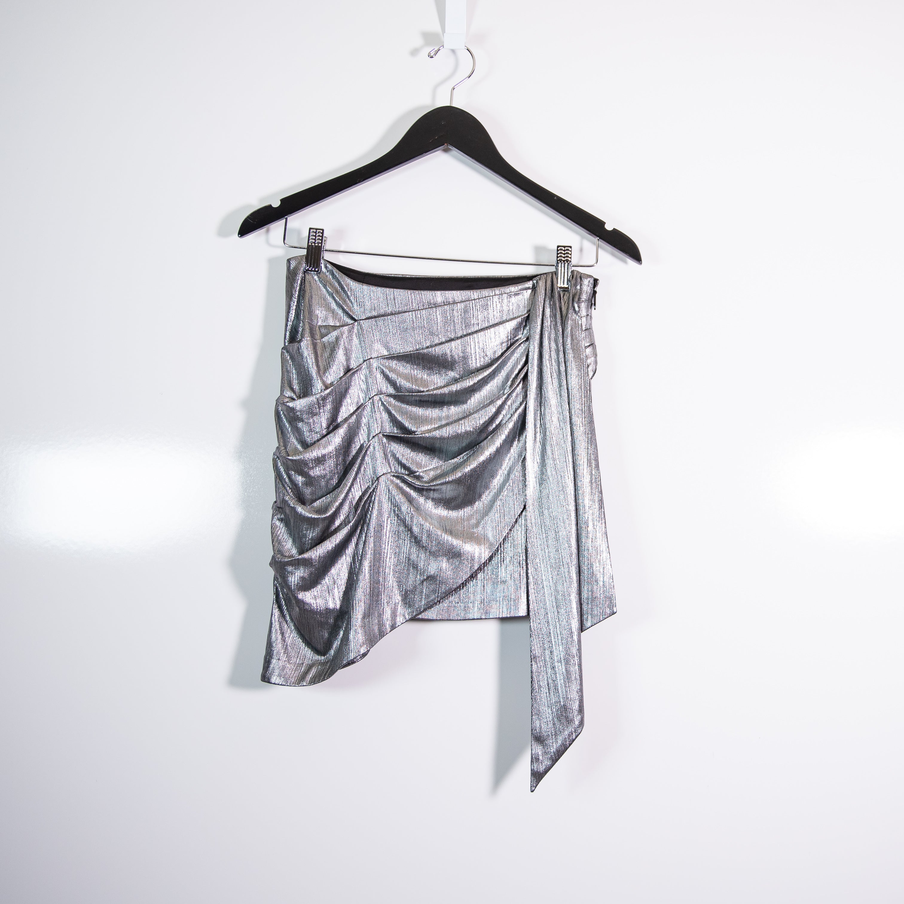 Retrofete Luna Ruched Draped Detail Mini Party Cocktail Skirt Metallic Gunmetal