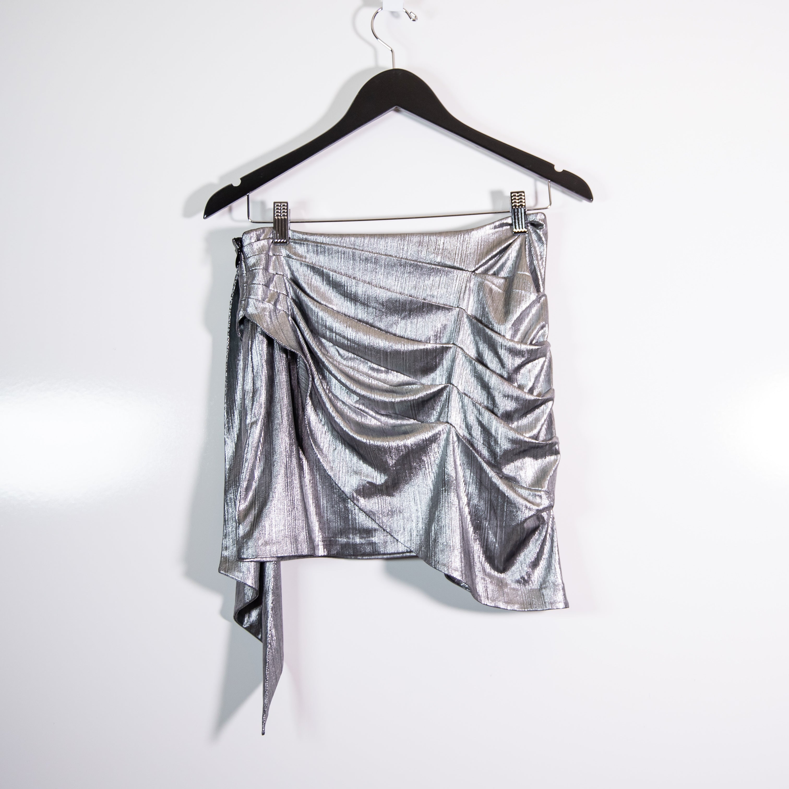 Retrofete Luna Ruched Draped Detail Mini Party Cocktail Skirt Metallic Gunmetal