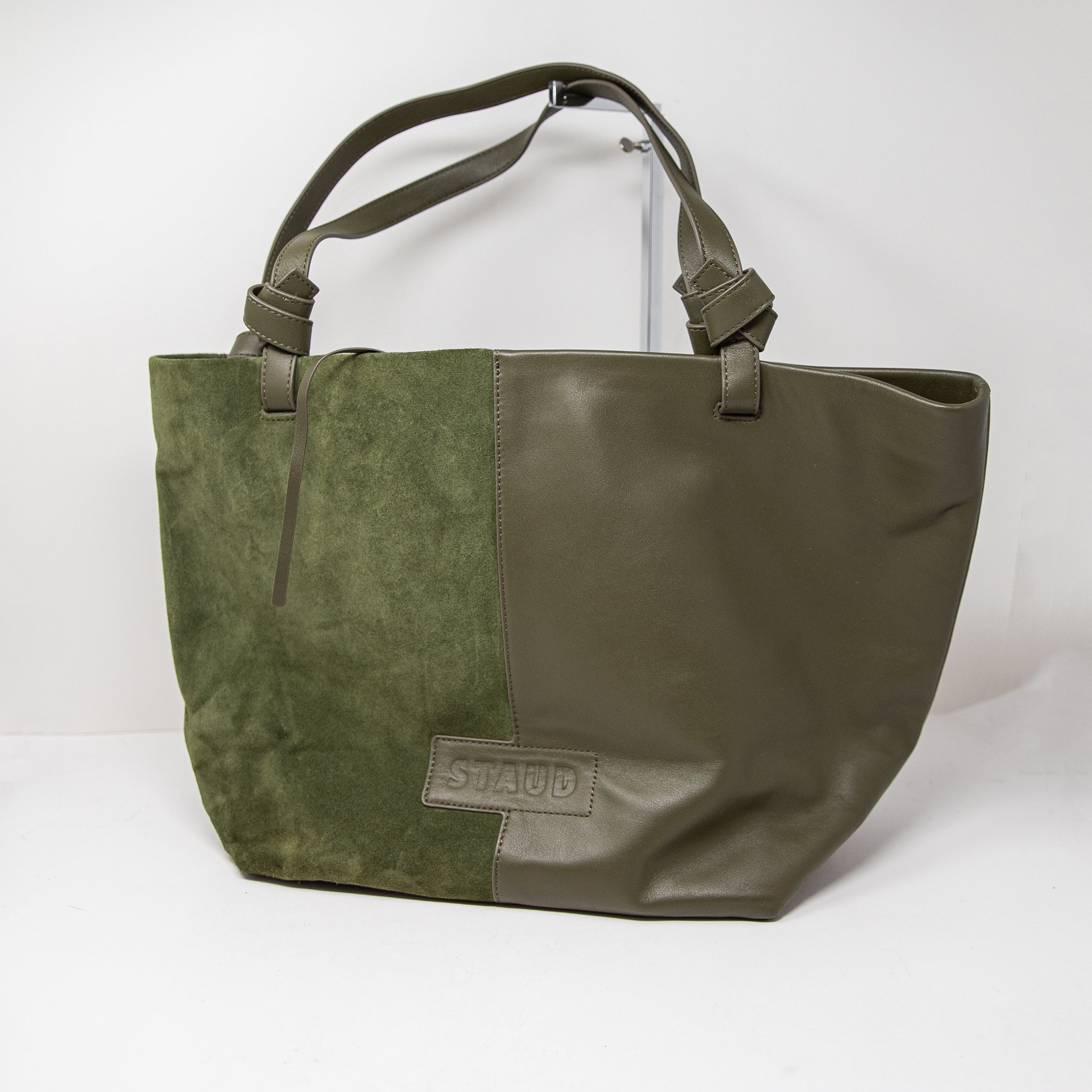 Staud Ida Genuine Leather Suede Bi-Panel Shoulder Purse Tote Bag Green Olive
