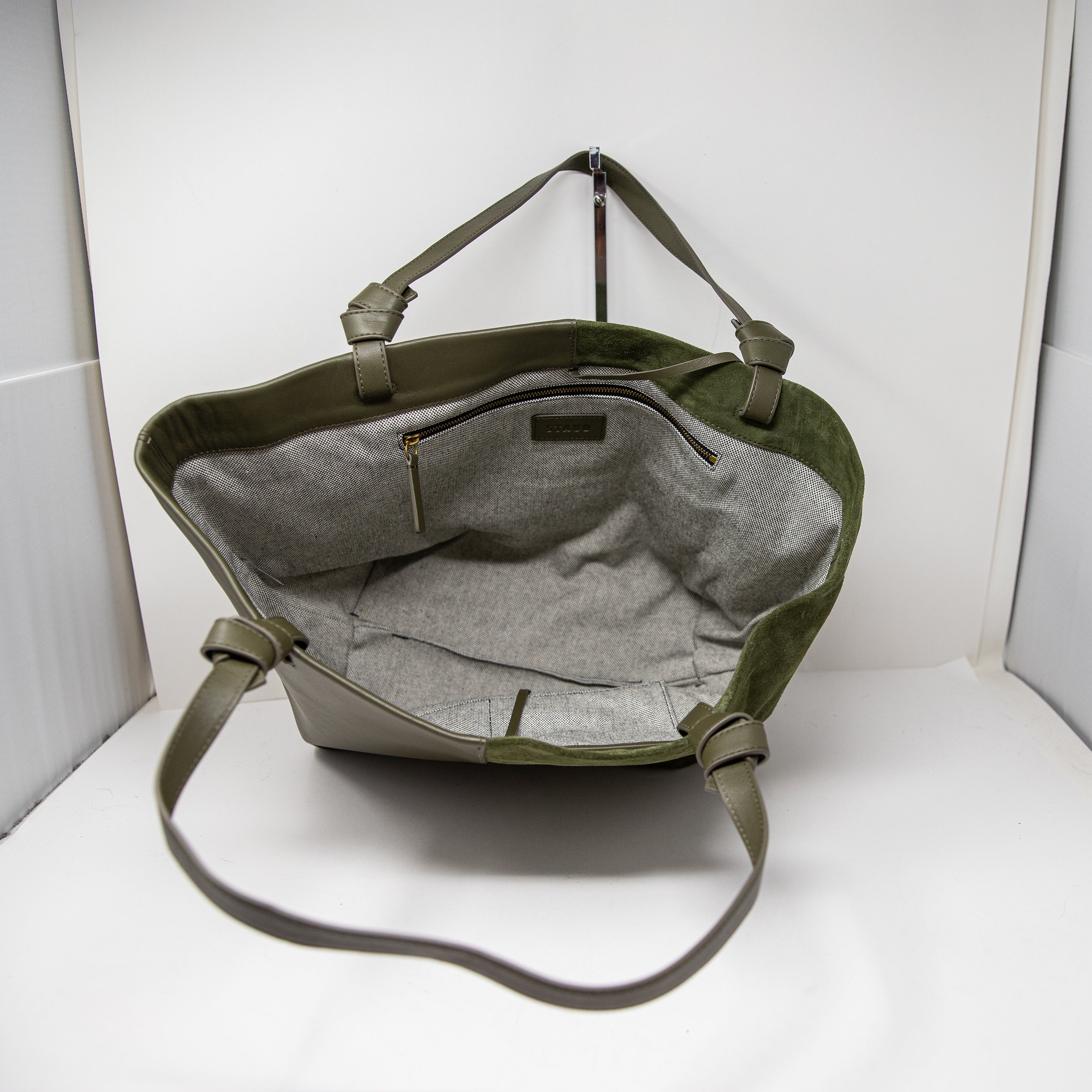 Staud Ida Genuine Leather Suede Bi-Panel Shoulder Purse Tote Bag Green Olive