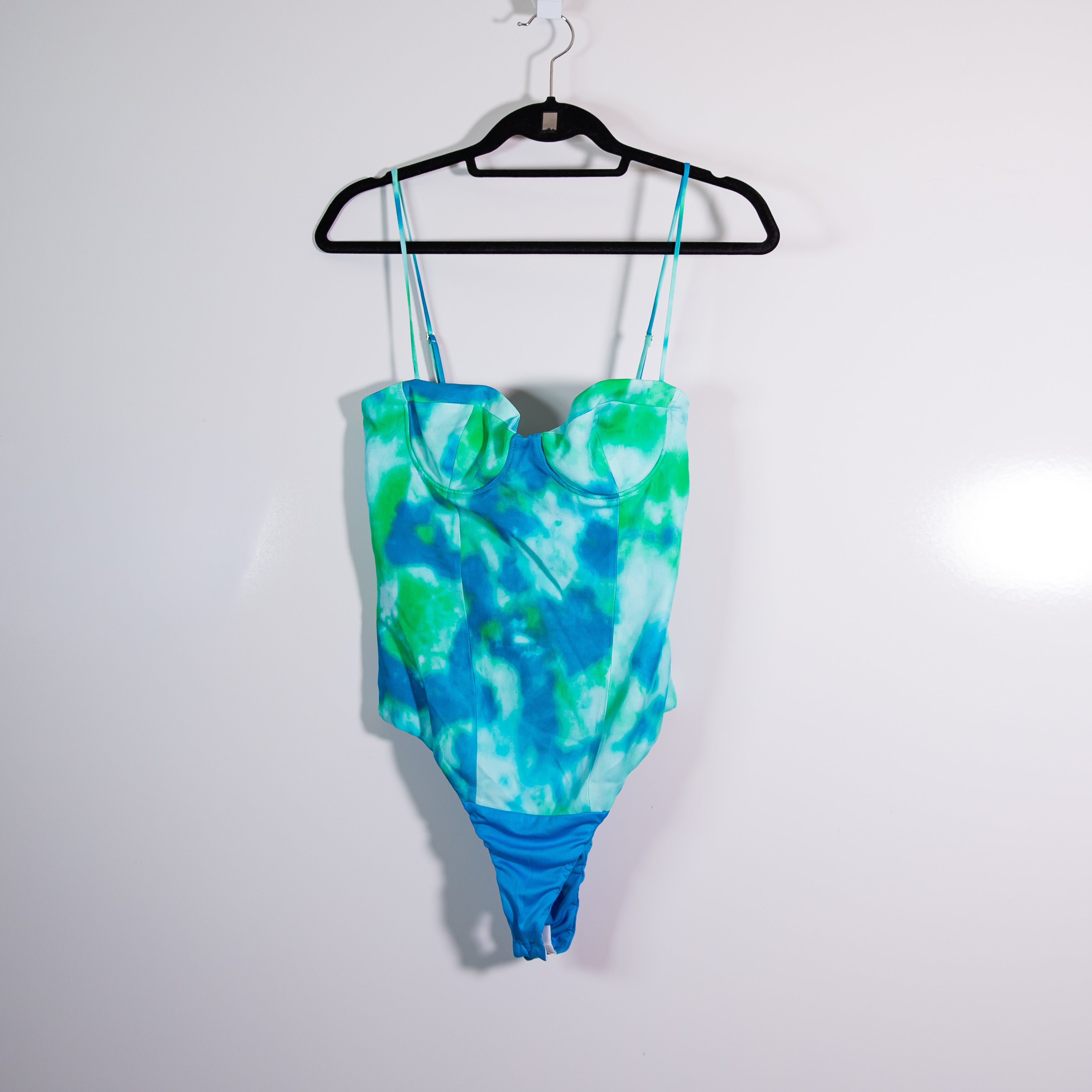 NEW Zara Blue Green Watercolor Tie Dye Underwire Cups One Piece Bodysuit Small
