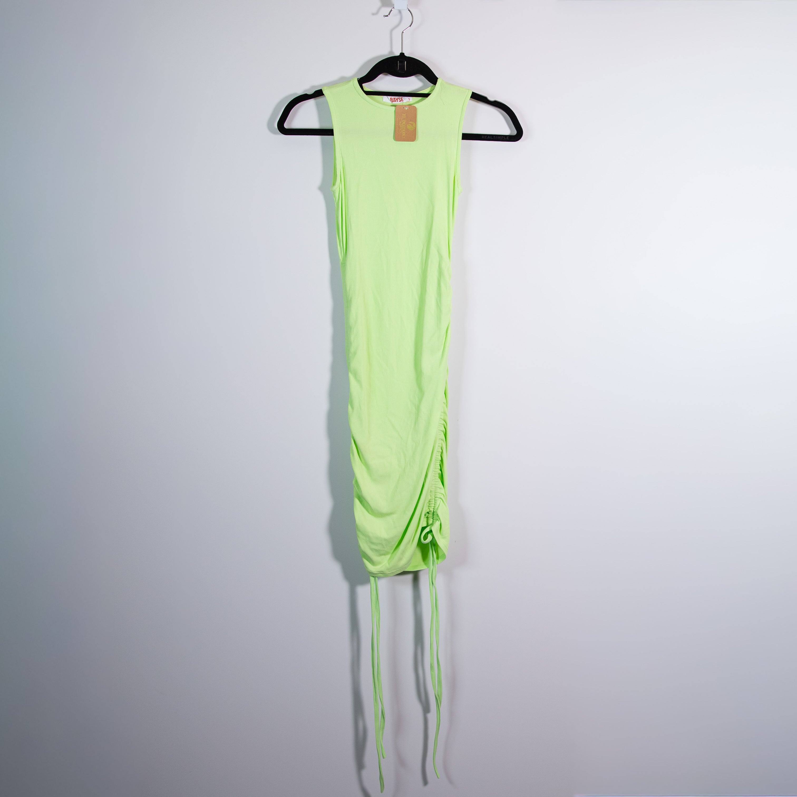 NEW Bayse Ribbed Knit Stretch Ruched Sleeveless Scoop Neck Tank Dress Green S