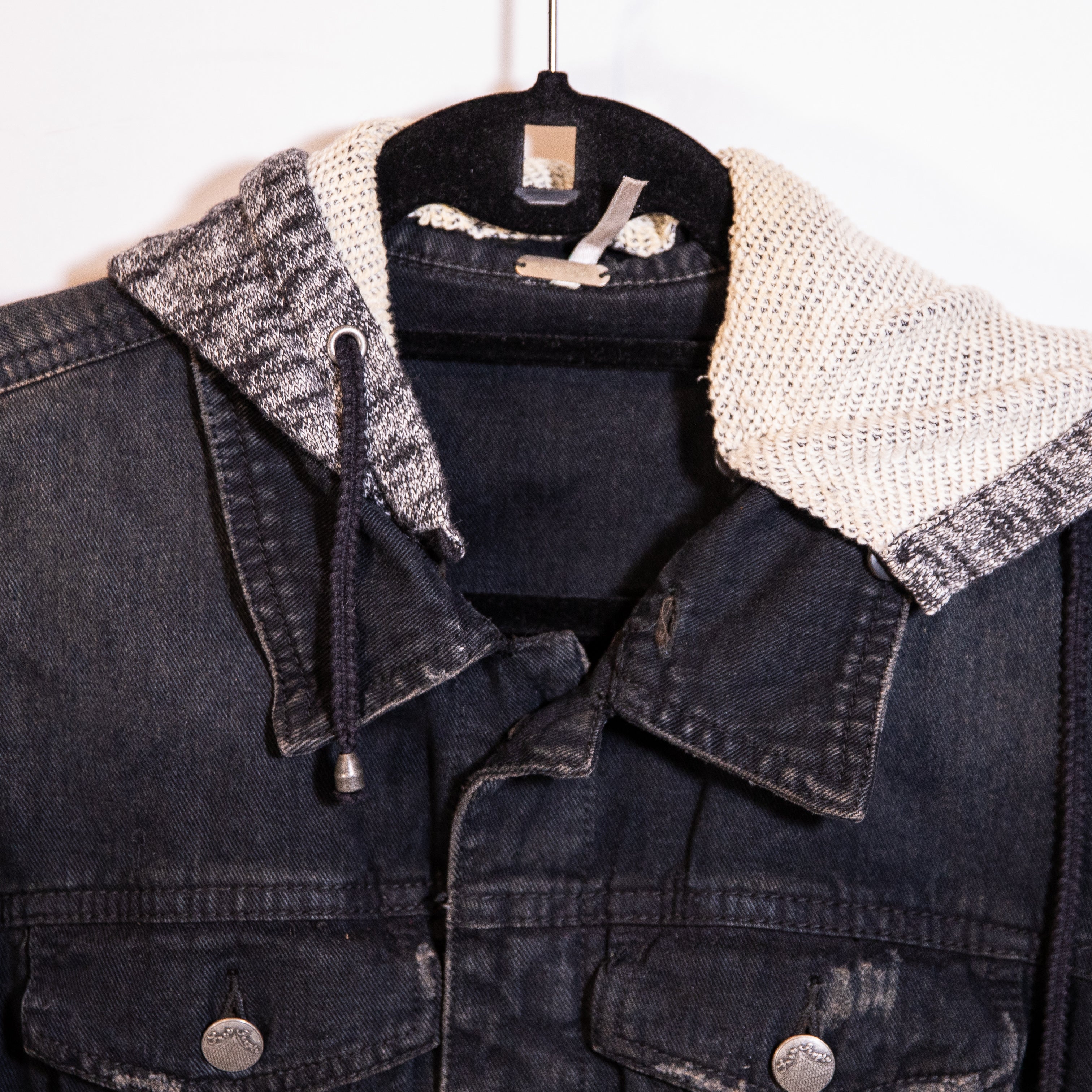 Free People Cotton Knit Denim Jean stretch Button Front Hooded Jacket Black Gray