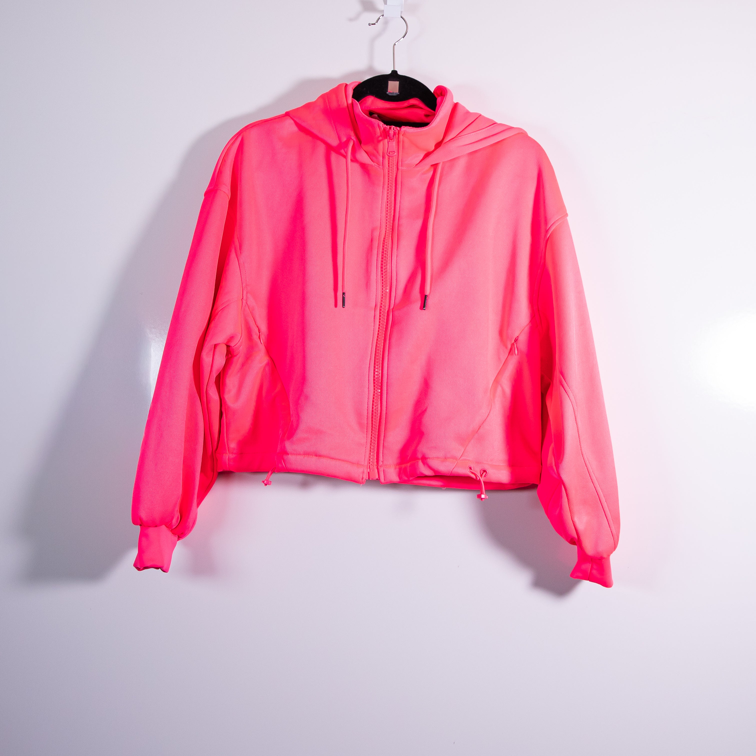 NEW Zara Women's Full Zip Adjustable Drawstring Waist Hooded Jacket Neon Pink S