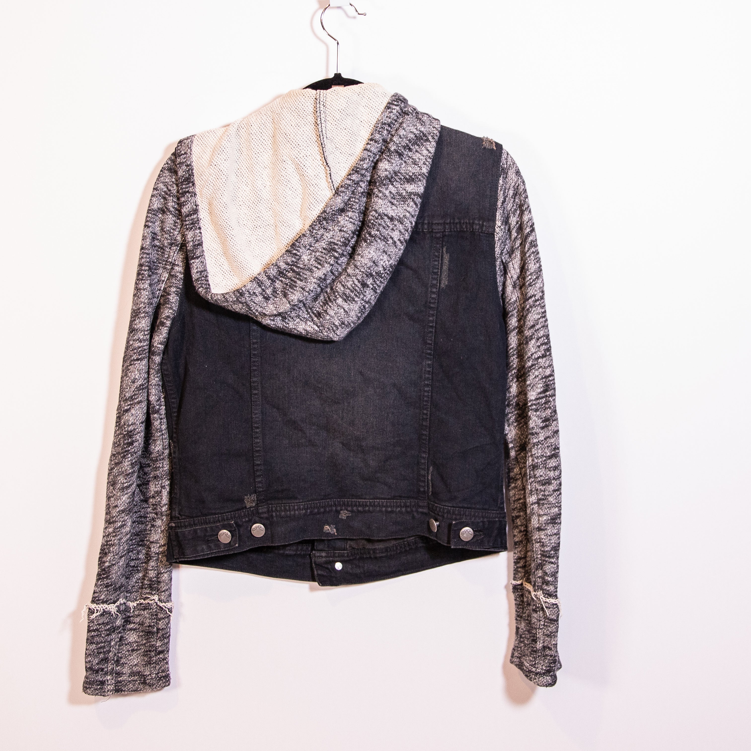 Free People Cotton Knit Denim Jean stretch Button Front Hooded Jacket Black Gray