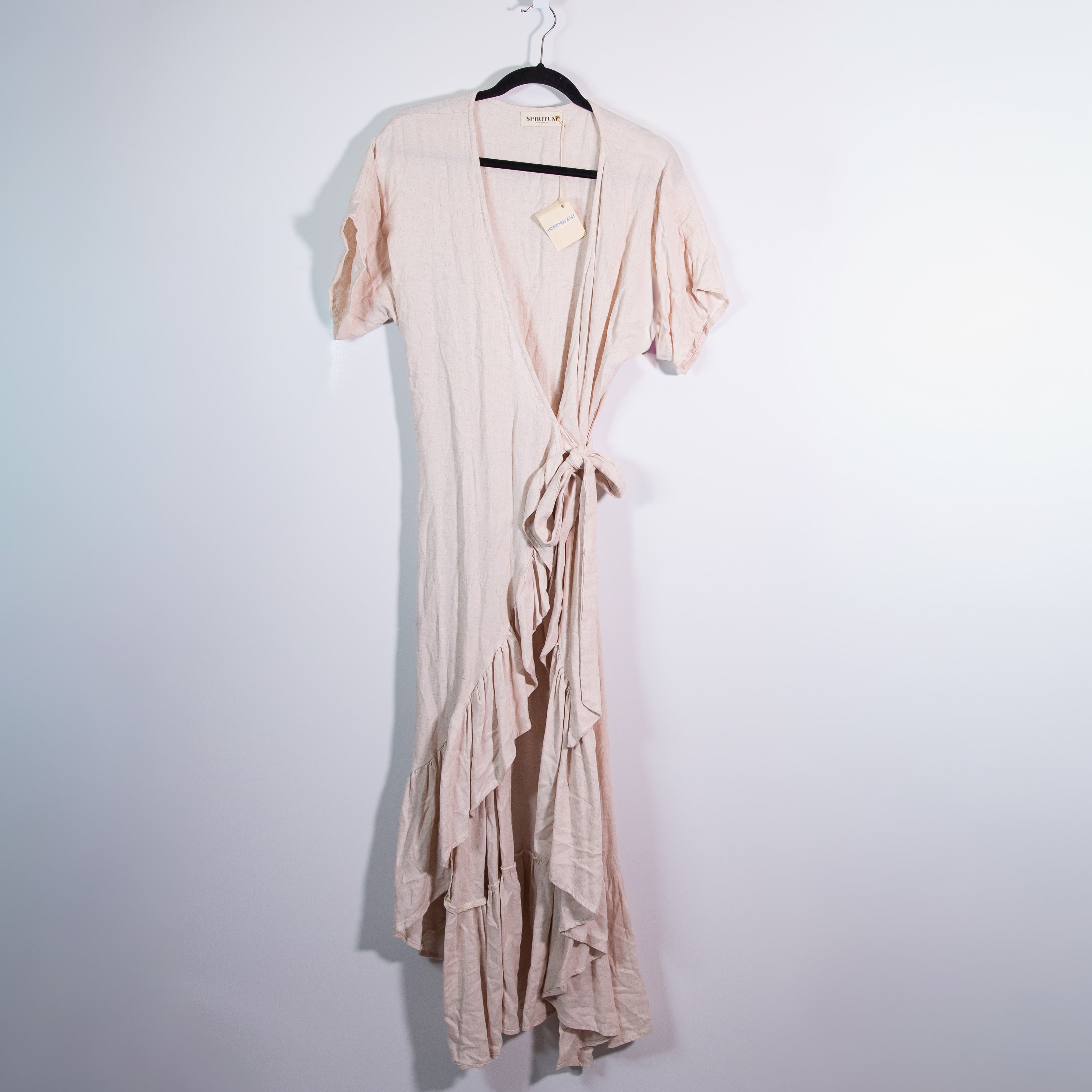 NEW Spiritum Cotton Lightweight Gauze Ruffle Trim Wrap Midi Dress Neutral Small