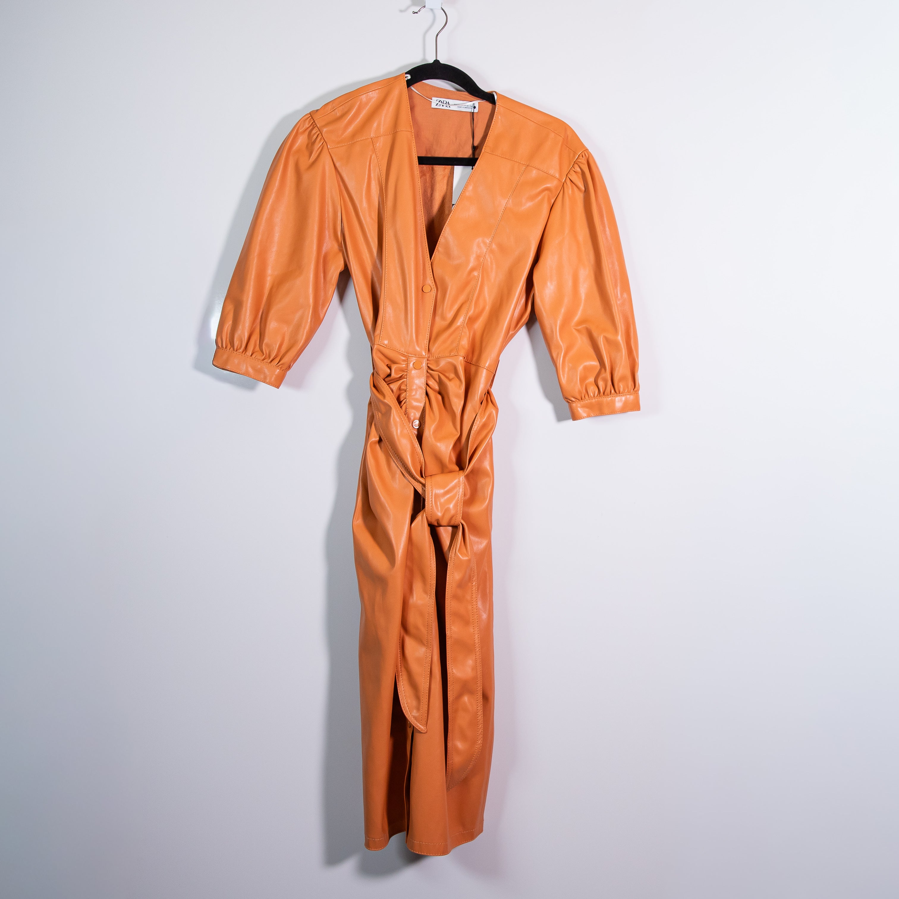 NEW Zara Faux Vegan Leather Ruched Snap Button Belted Midi Dress Orange XS
