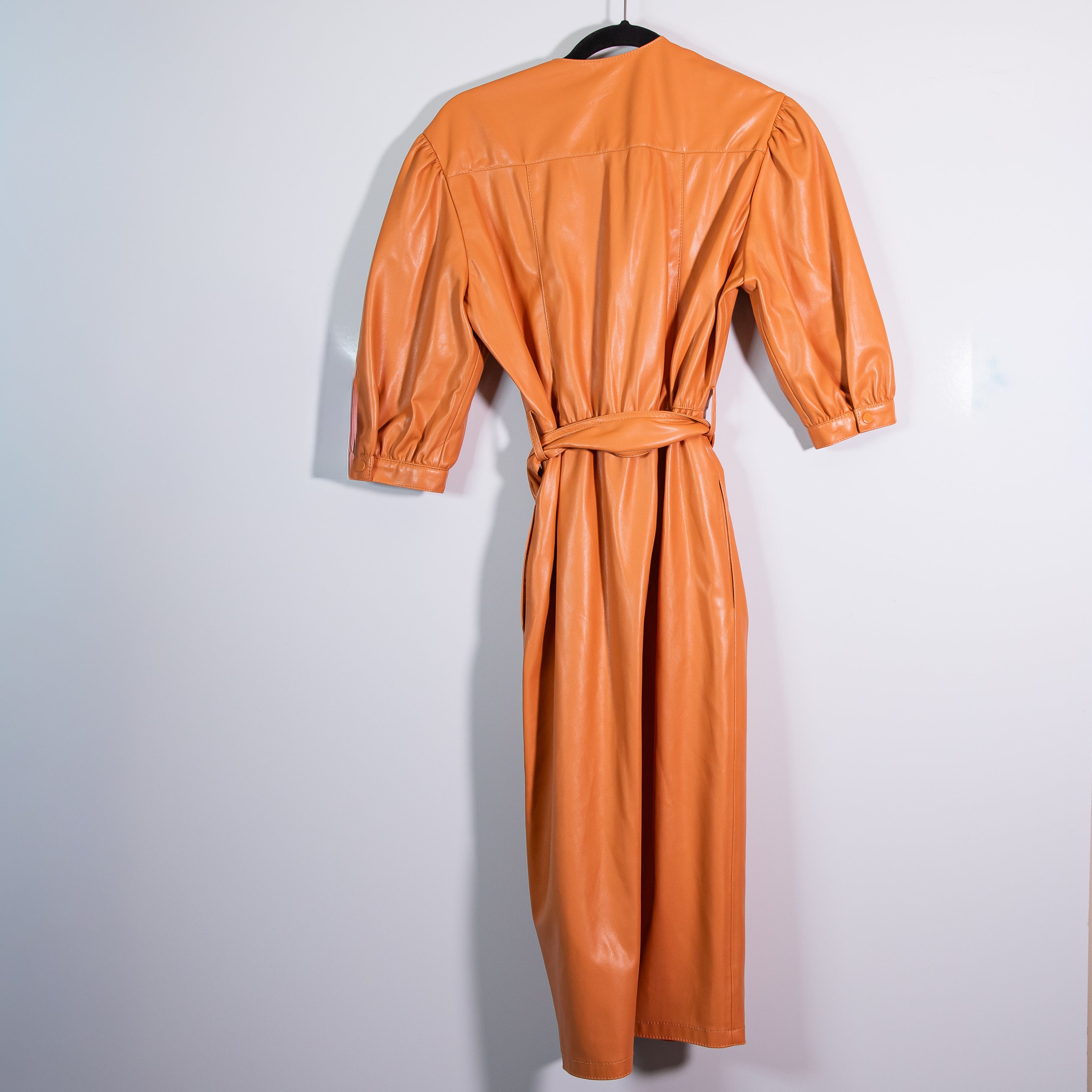 NEW Zara Faux Vegan Leather Ruched Snap Button Belted Midi Dress Orange XS
