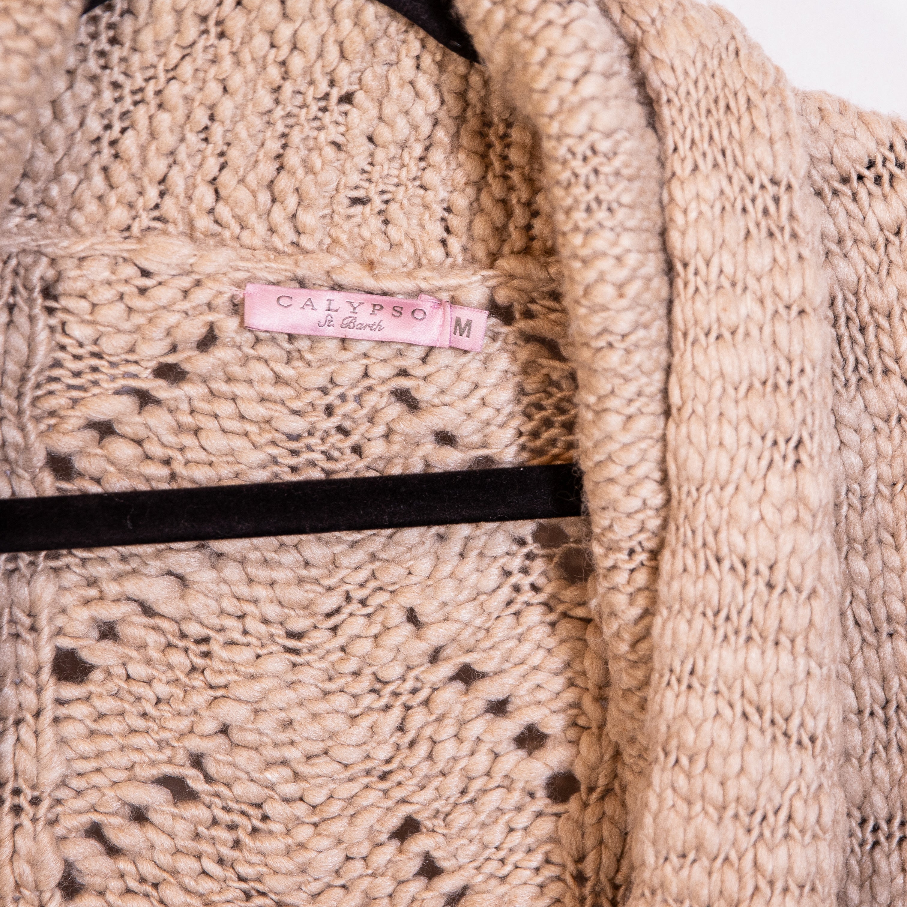 Calypso Wool Silk Knit Crochet Open Front Cardigan Sweater Beige Tan Medium