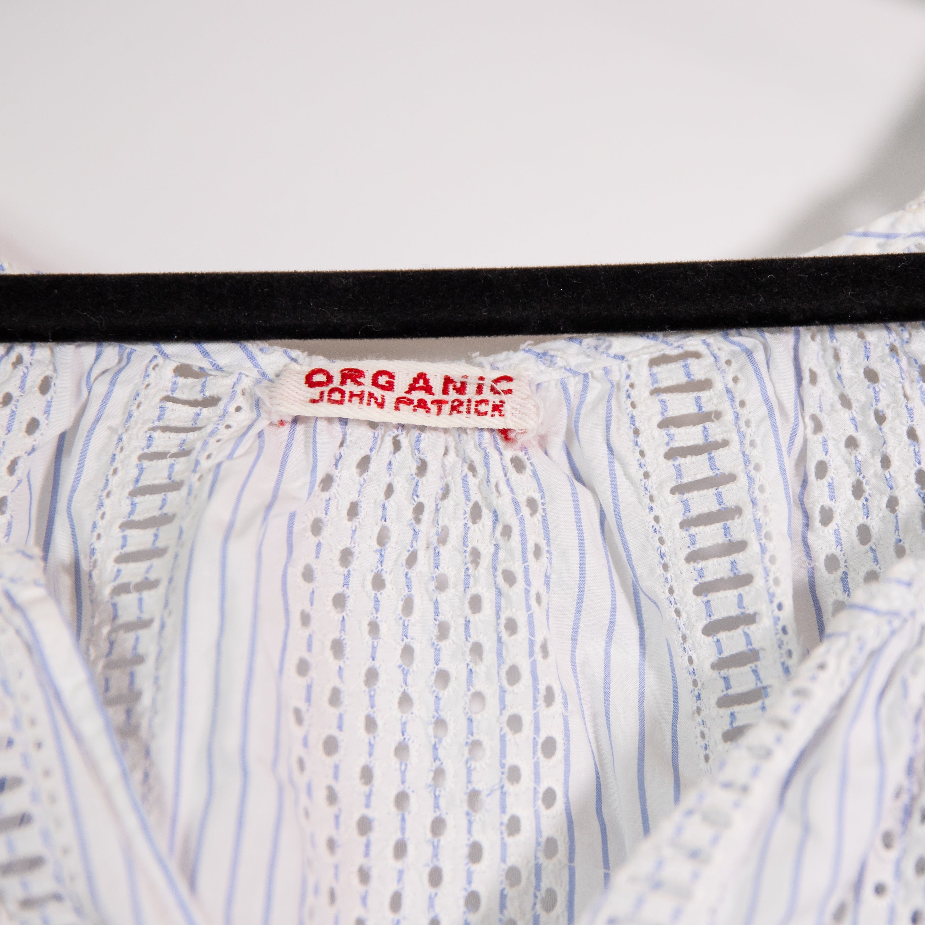 Organic John Patrick Cotton Eyelet Lace Pinstripe Short Sleeve Blouse Shirt Top