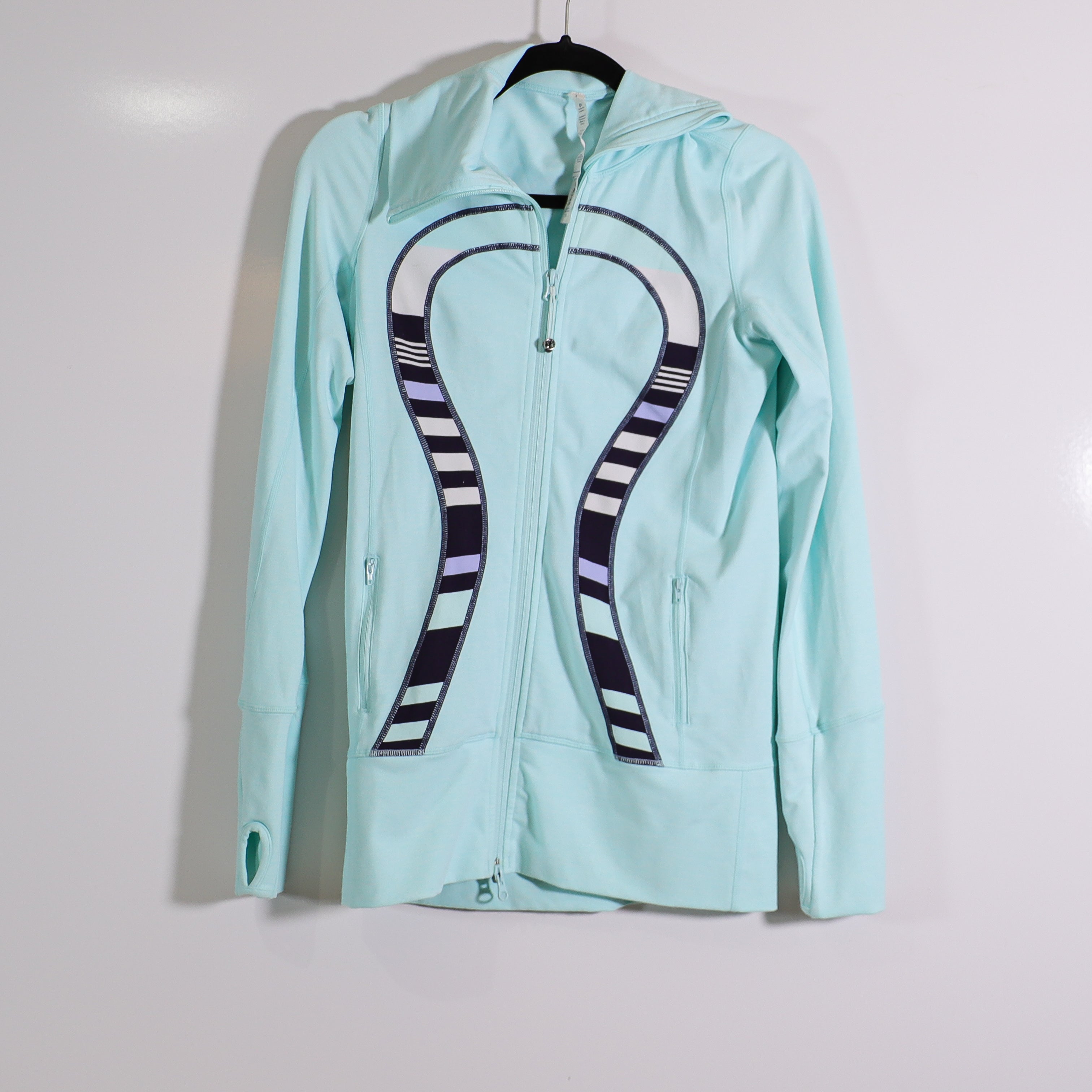 Lululemon In Stride Full Zip Hooded Work Out Jacket Aquamarine Discover Stripe 4