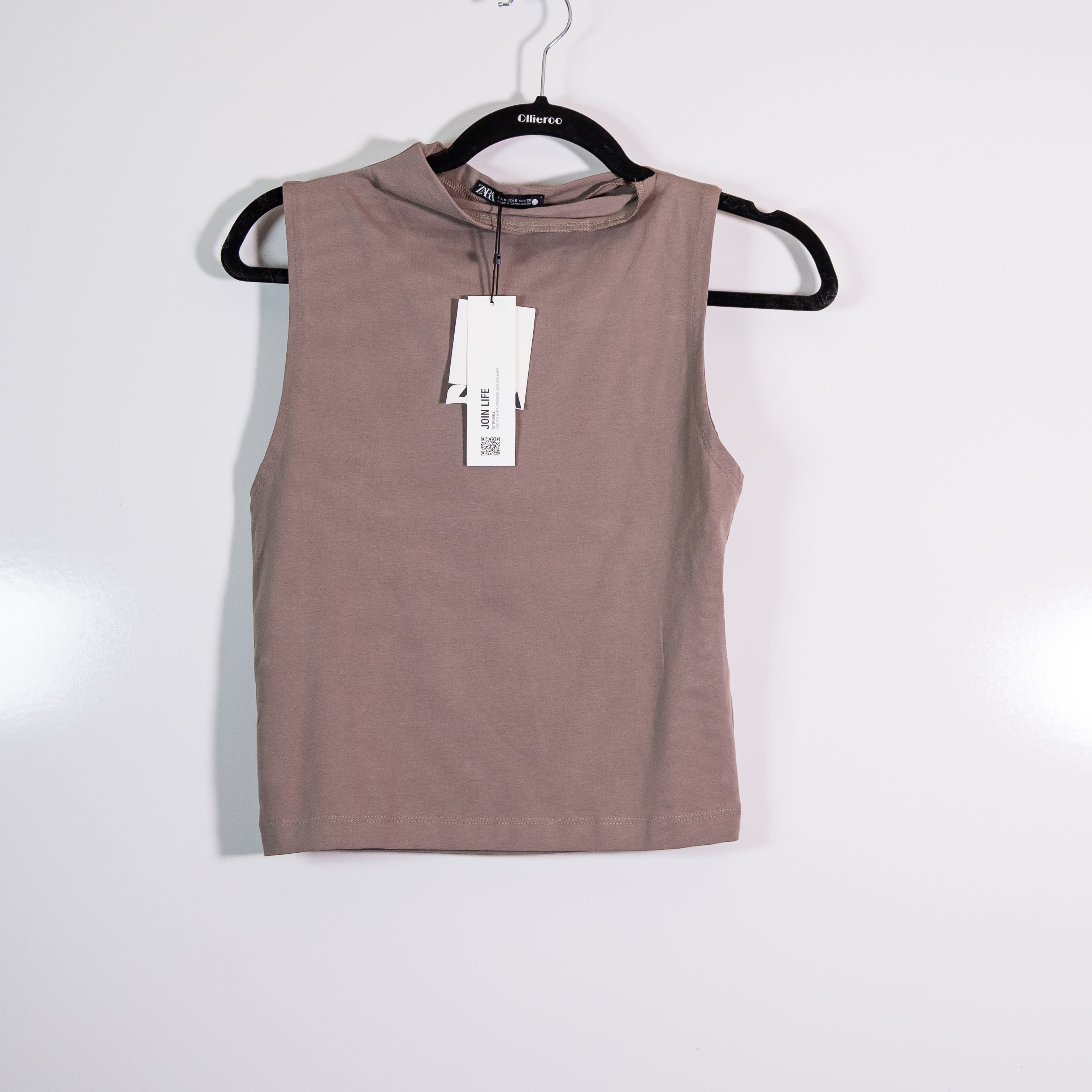 NEW Zara Cotton Mock Neck Sleeveless Muscle Boxy Tank Top Shirt Brown Small