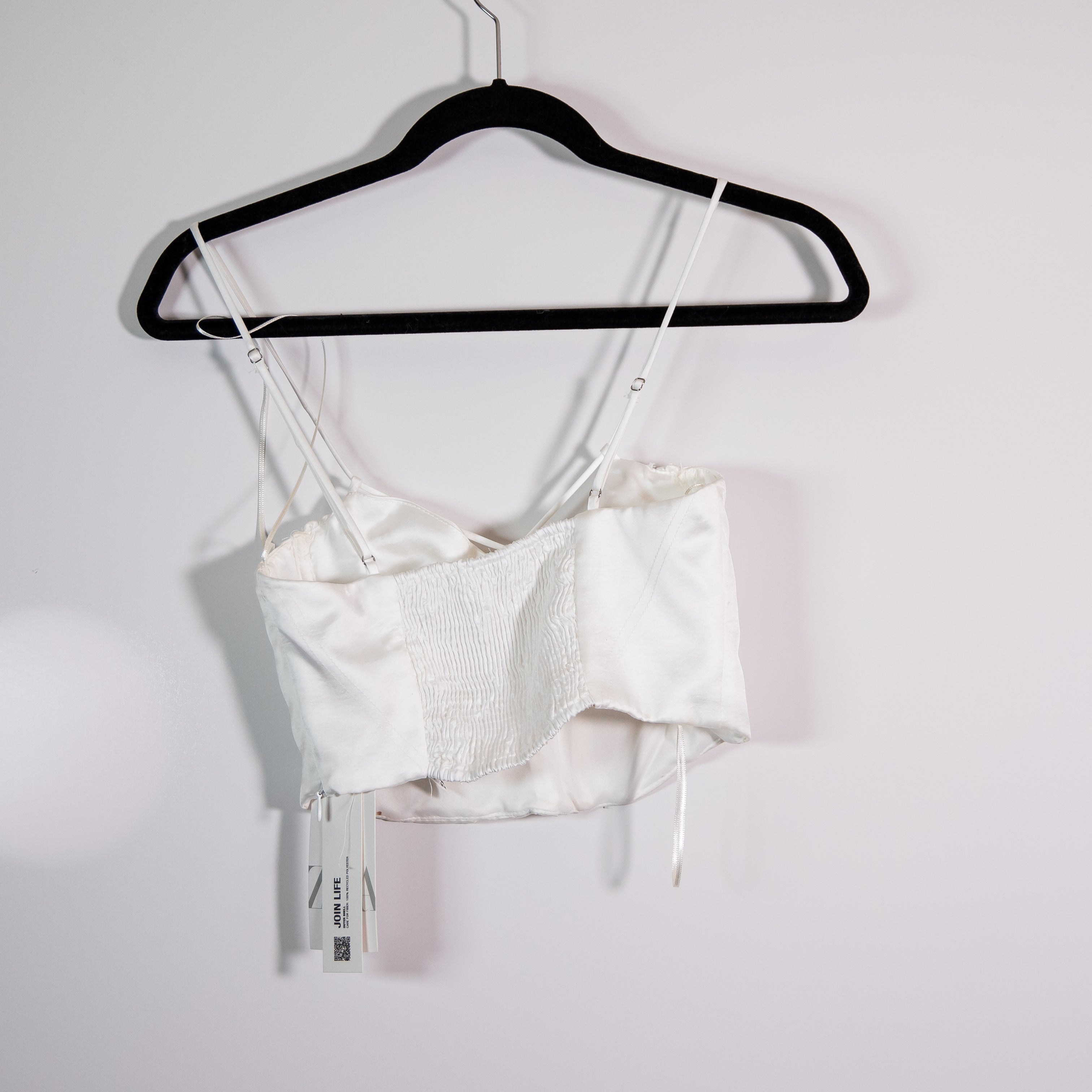 NEW Zara Satin Underwire Bra Corset Smocked Stretch Back Crop Top White Small