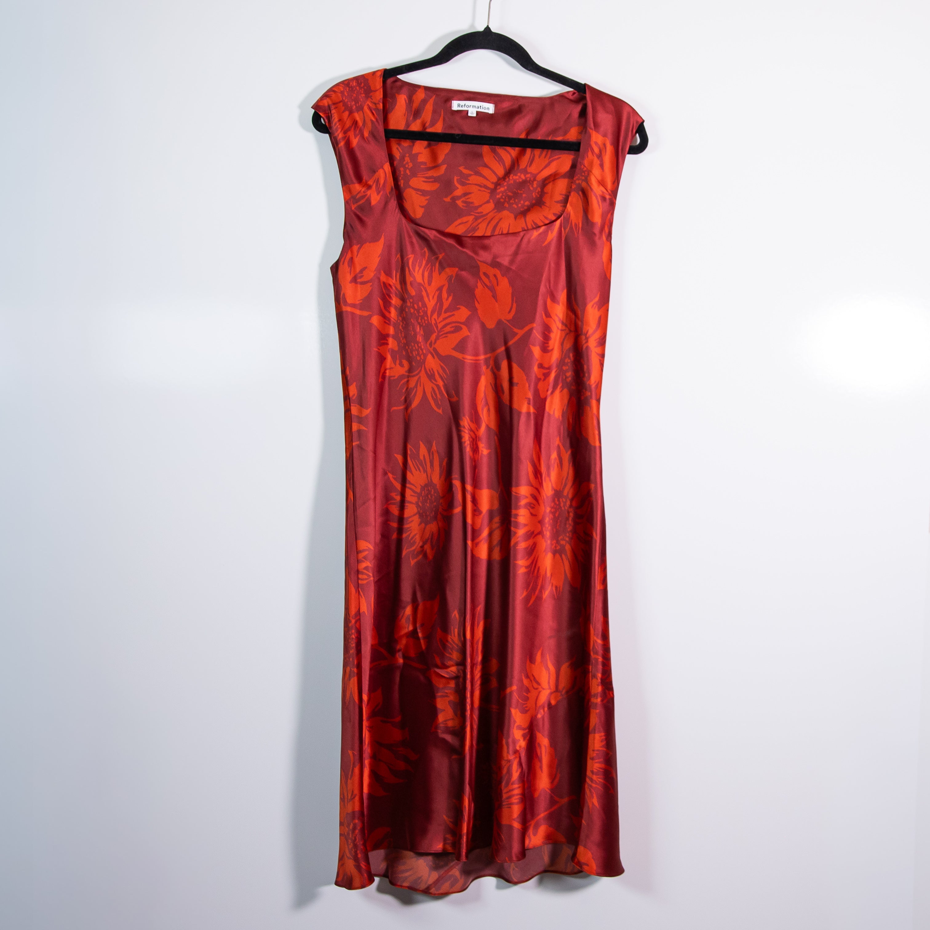 Reformation Hendrix Silk Satin Square Neck Short Sleeve Floral Flower Midi Dress