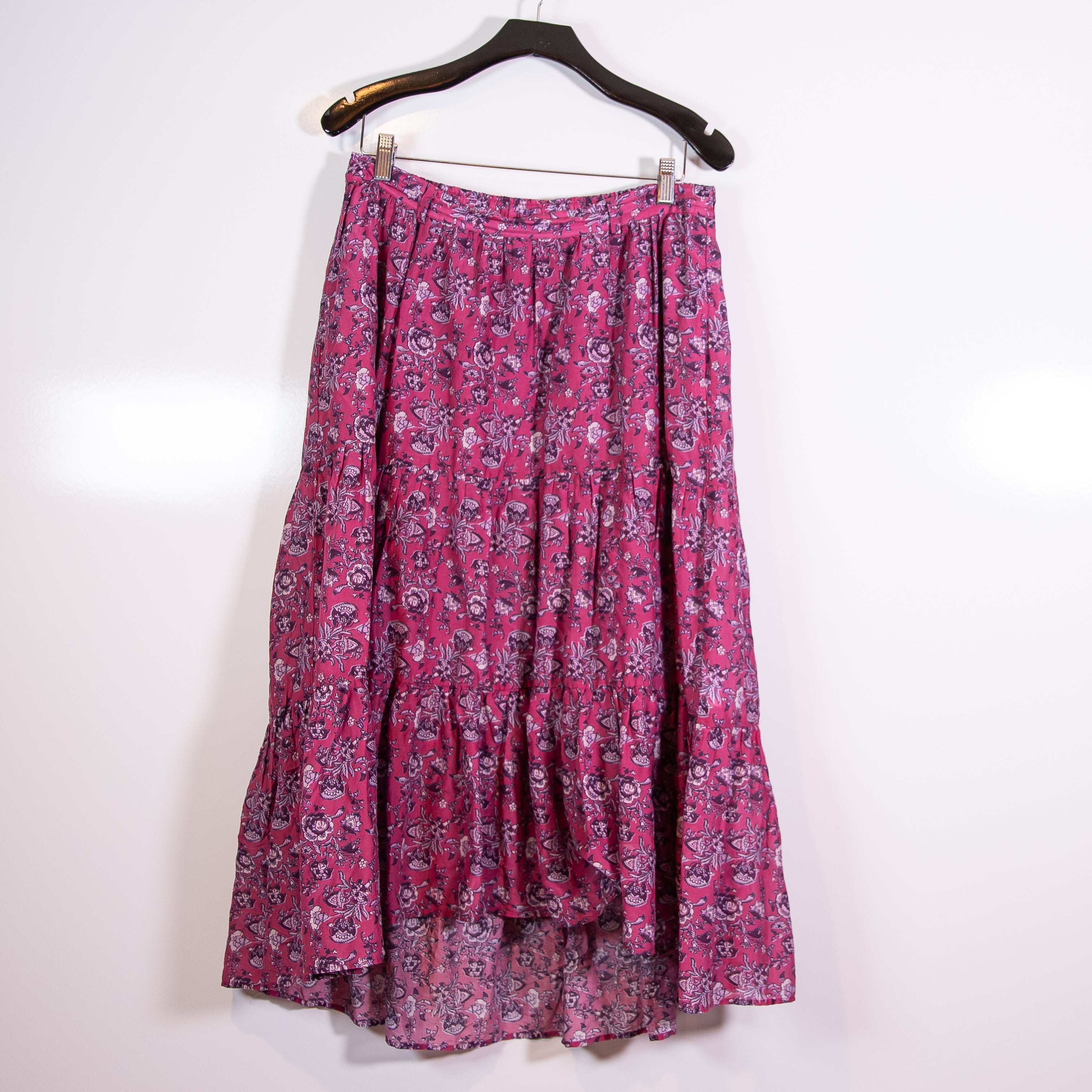 Xirena Iris Cotton Silk Tiered Boho Midi Skirt Wild Rose Print Pattern Purple L